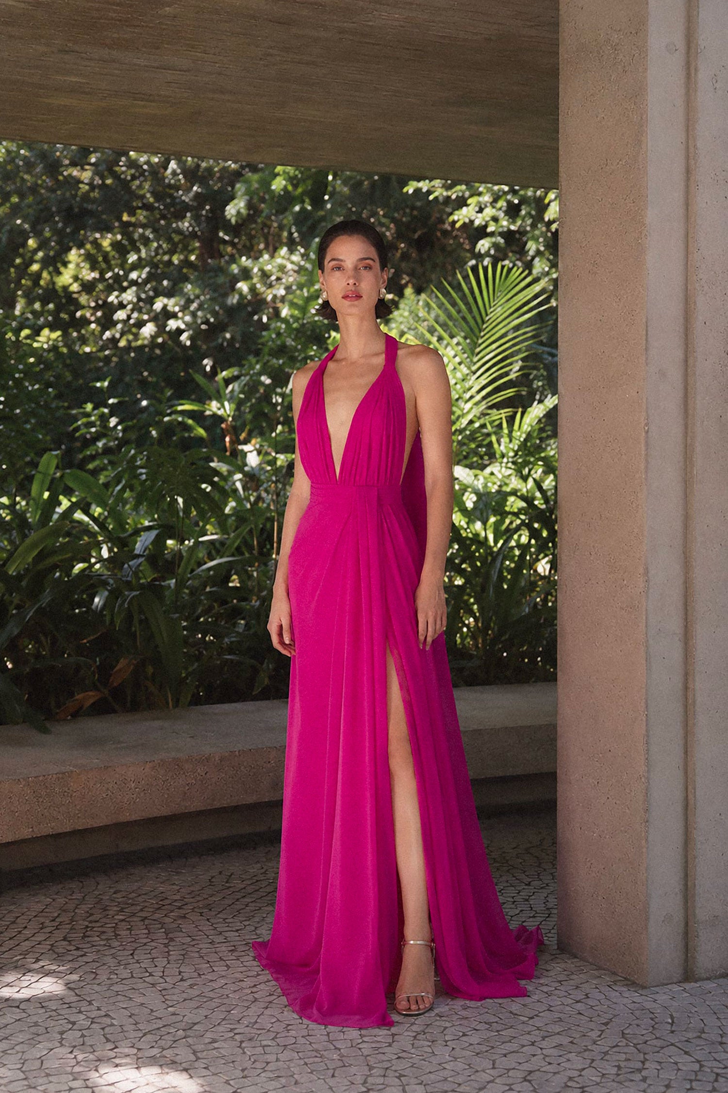 Deep V-neck Draped Chiffon Dress