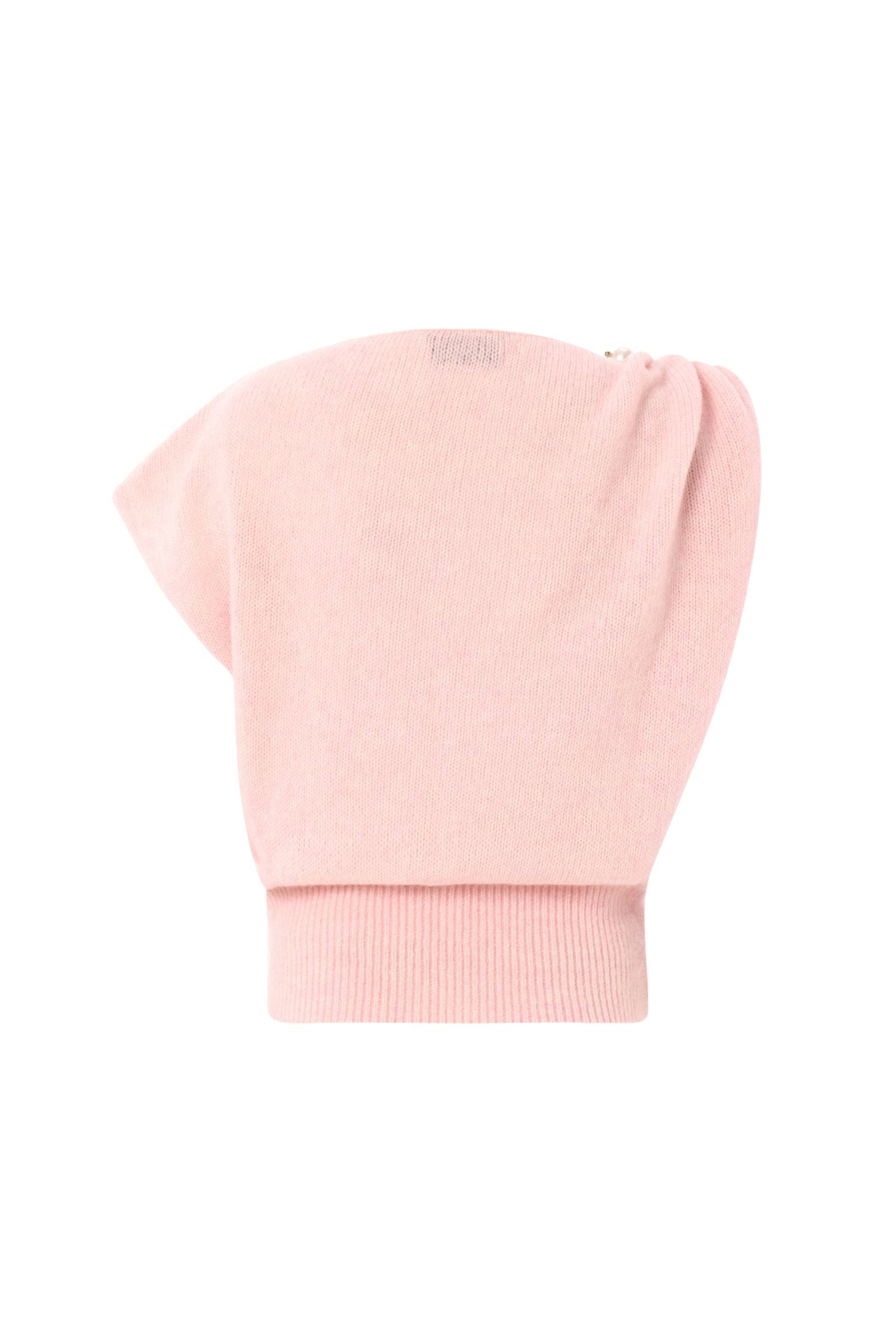 Soft knit asymmetric shoulder top with pearl accessory