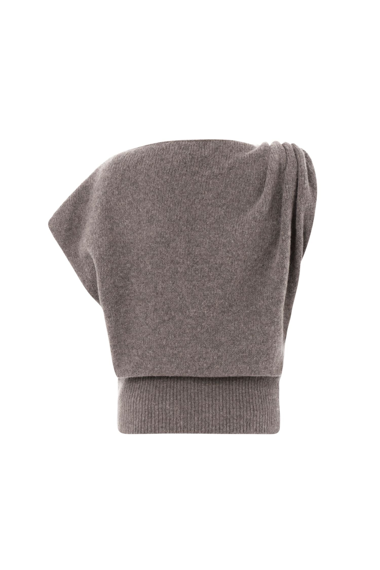 Soft knit asymmetric shoulder top with pearl accessory.