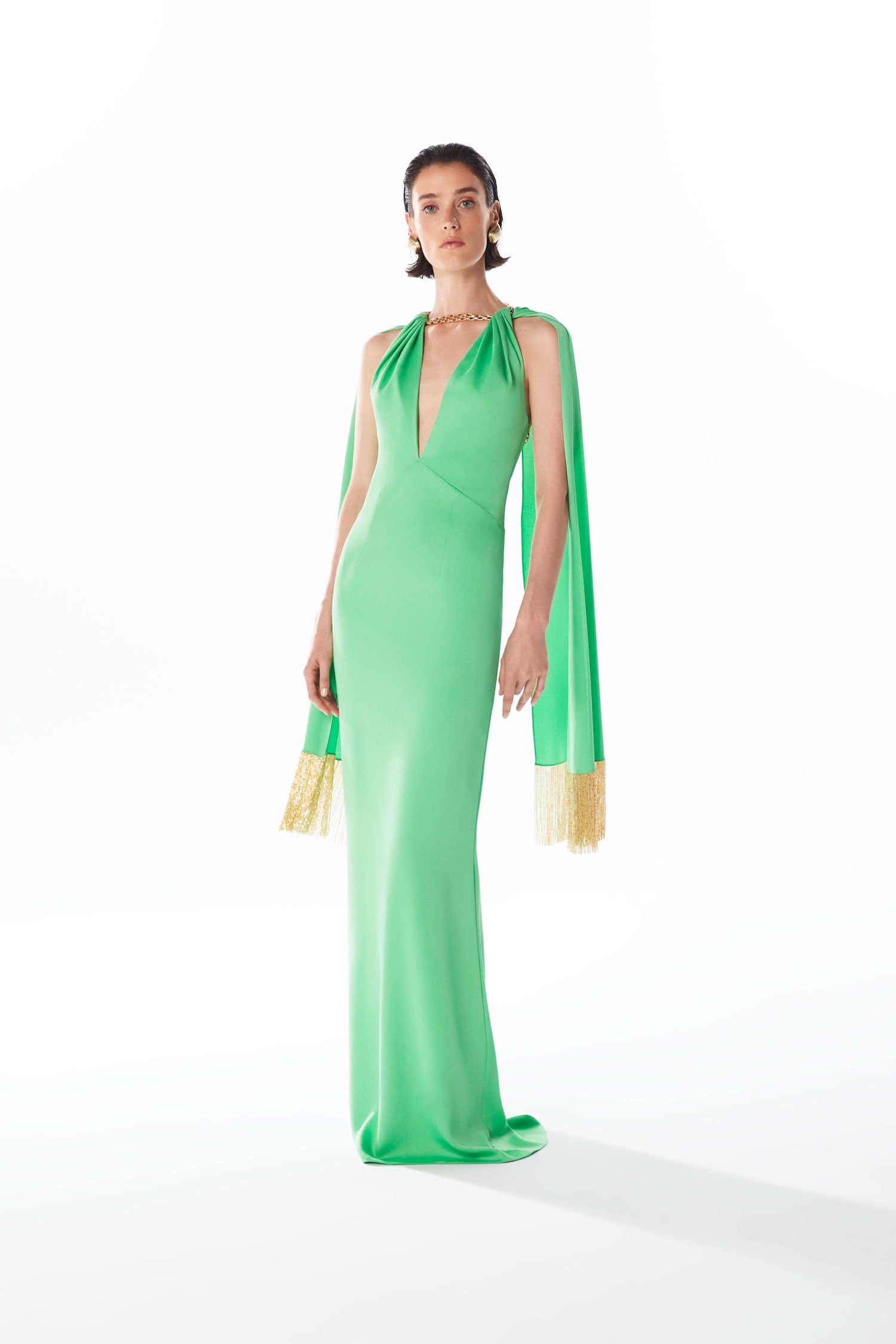 Deep V-neck Dress with Chain Detail and Shawl