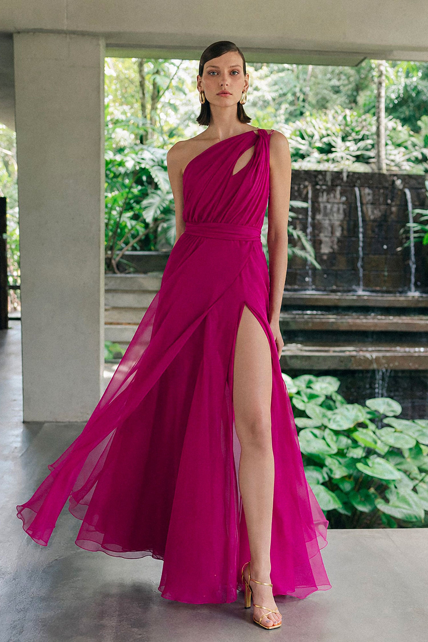 One-Shoulder Asymmetrical Chiffon Dress with Chain Detail