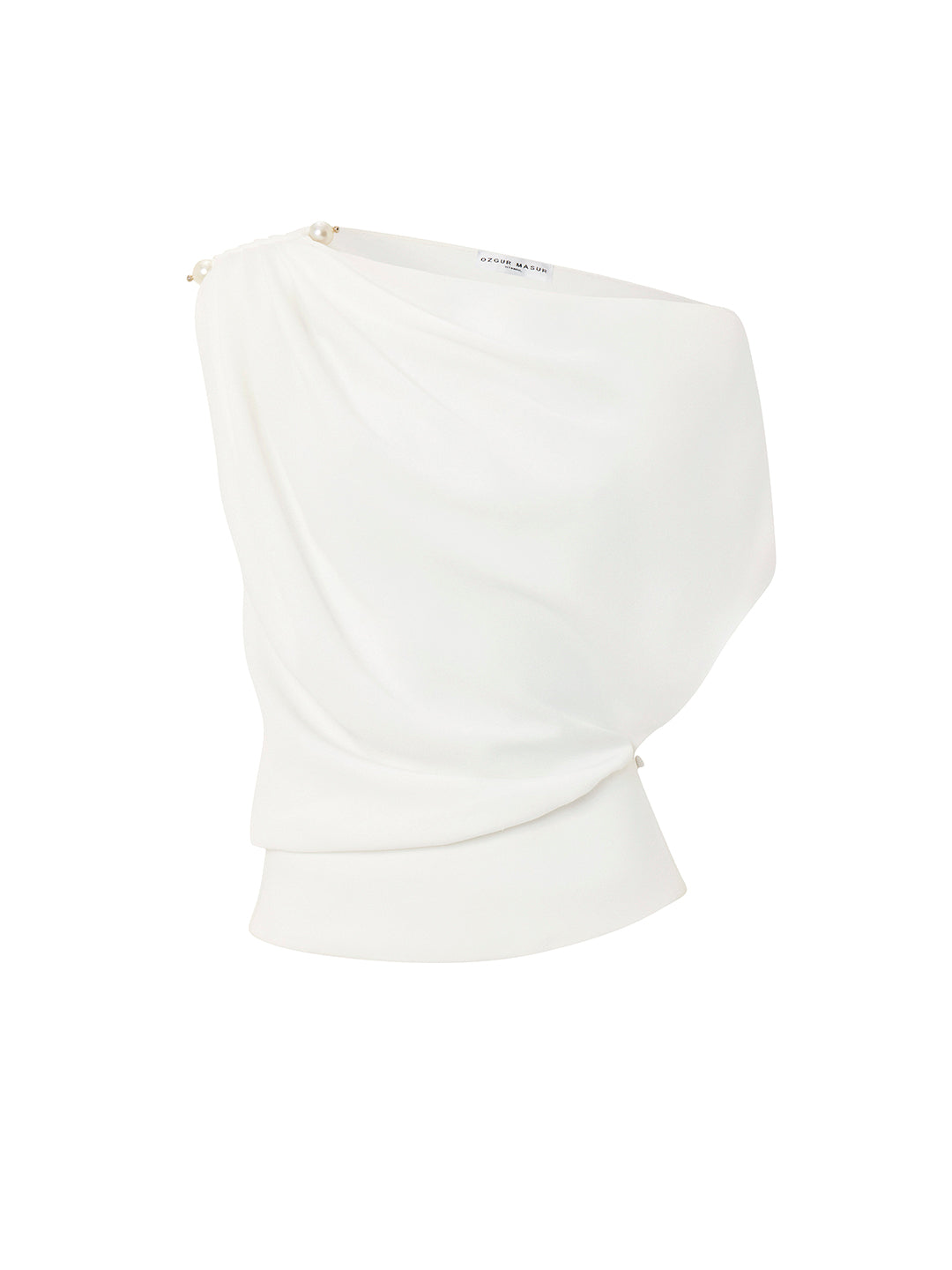 Asymmetric Shoulder Top With Pearl Accessory in White