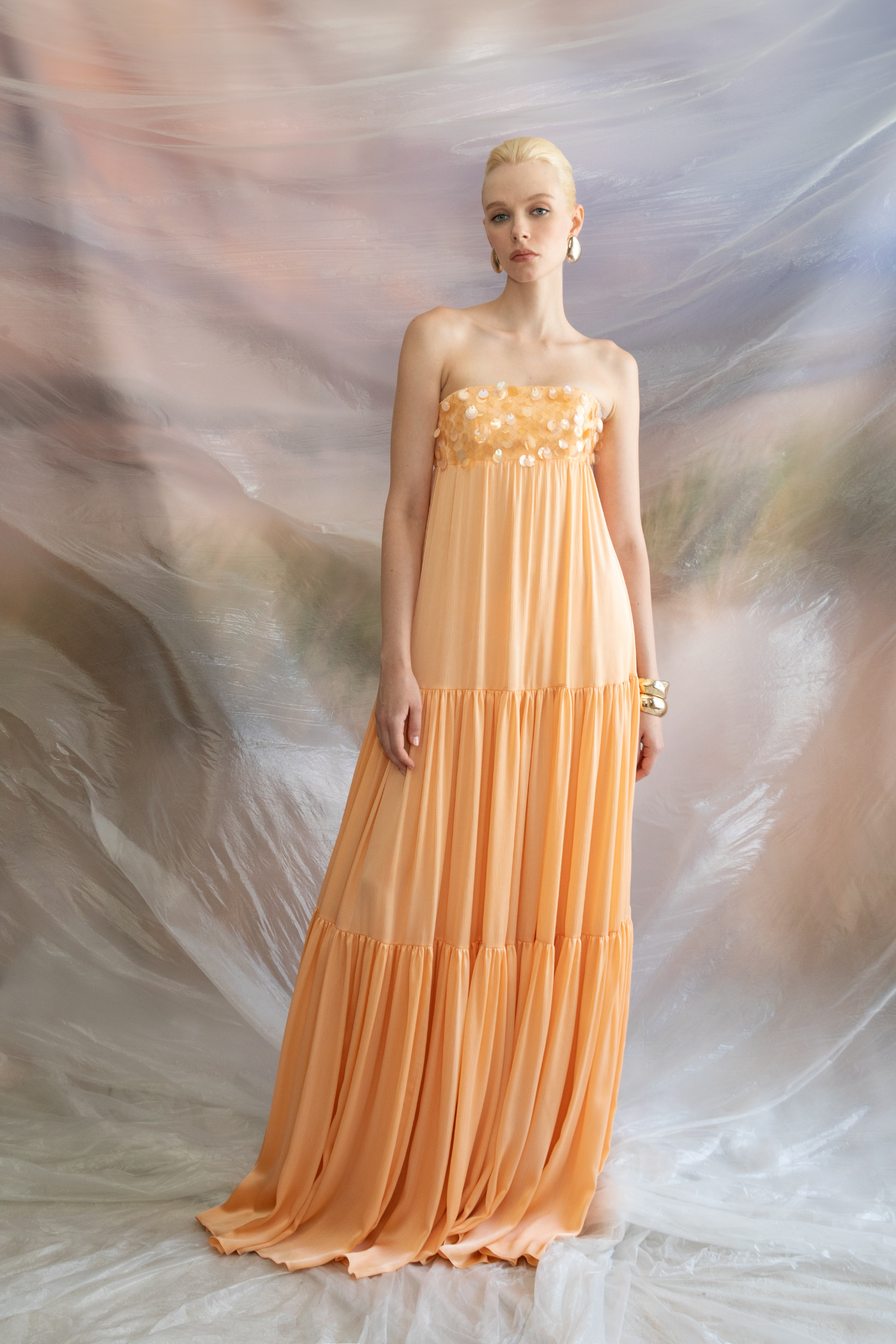 Chiffon Floss, Strapless Dress with Wide Cut Sequin Fitted from Bust Chiffon Floss, Strapless Dress with Wide Cut Sequin Fitted from Bust