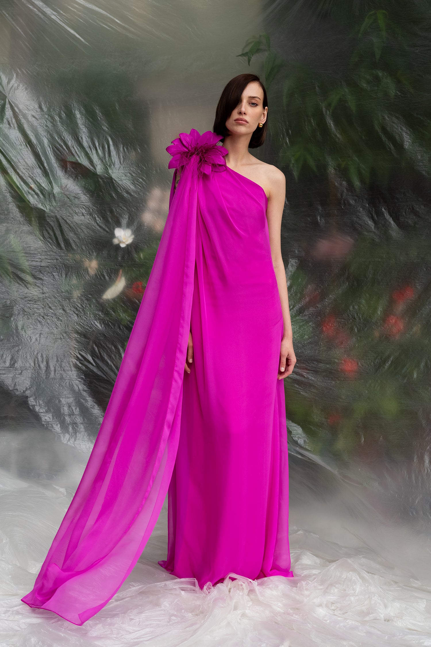 One Shouldered Chiffon Dress With Hand Made Flower