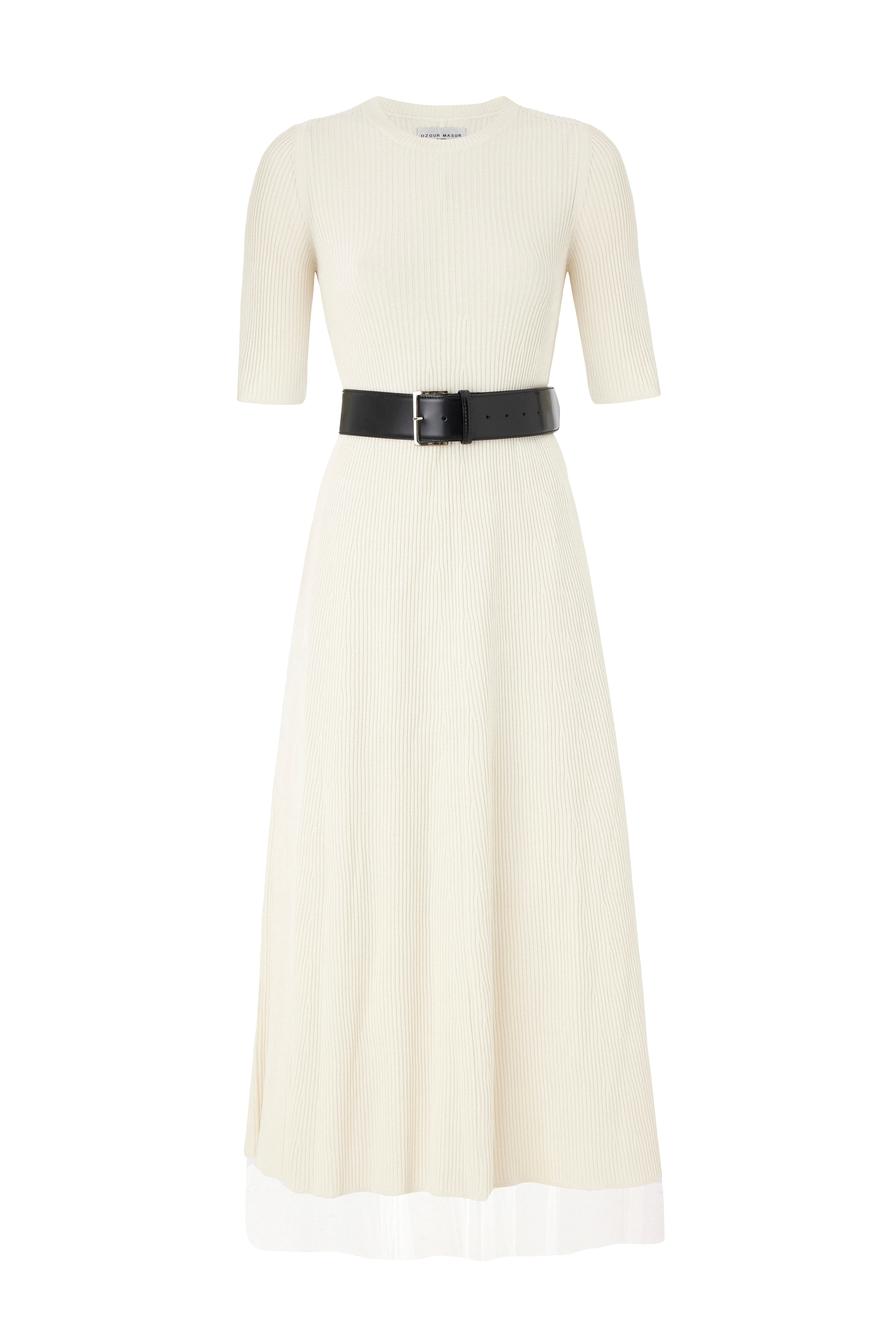 Soft Knit Midi Dress with Short Sleeves in Ecru