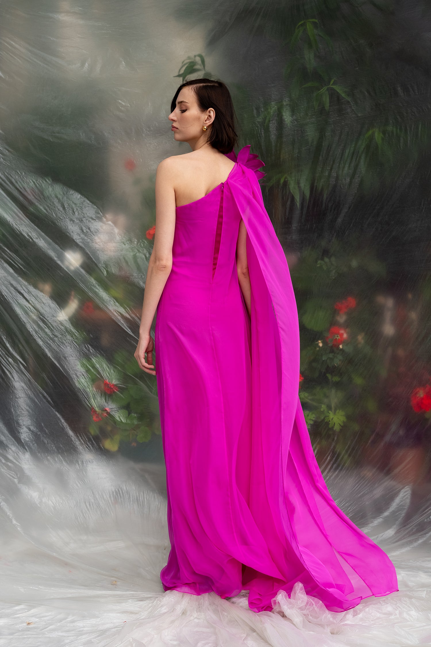 One Shouldered Chiffon Dress With Hand Made Flower