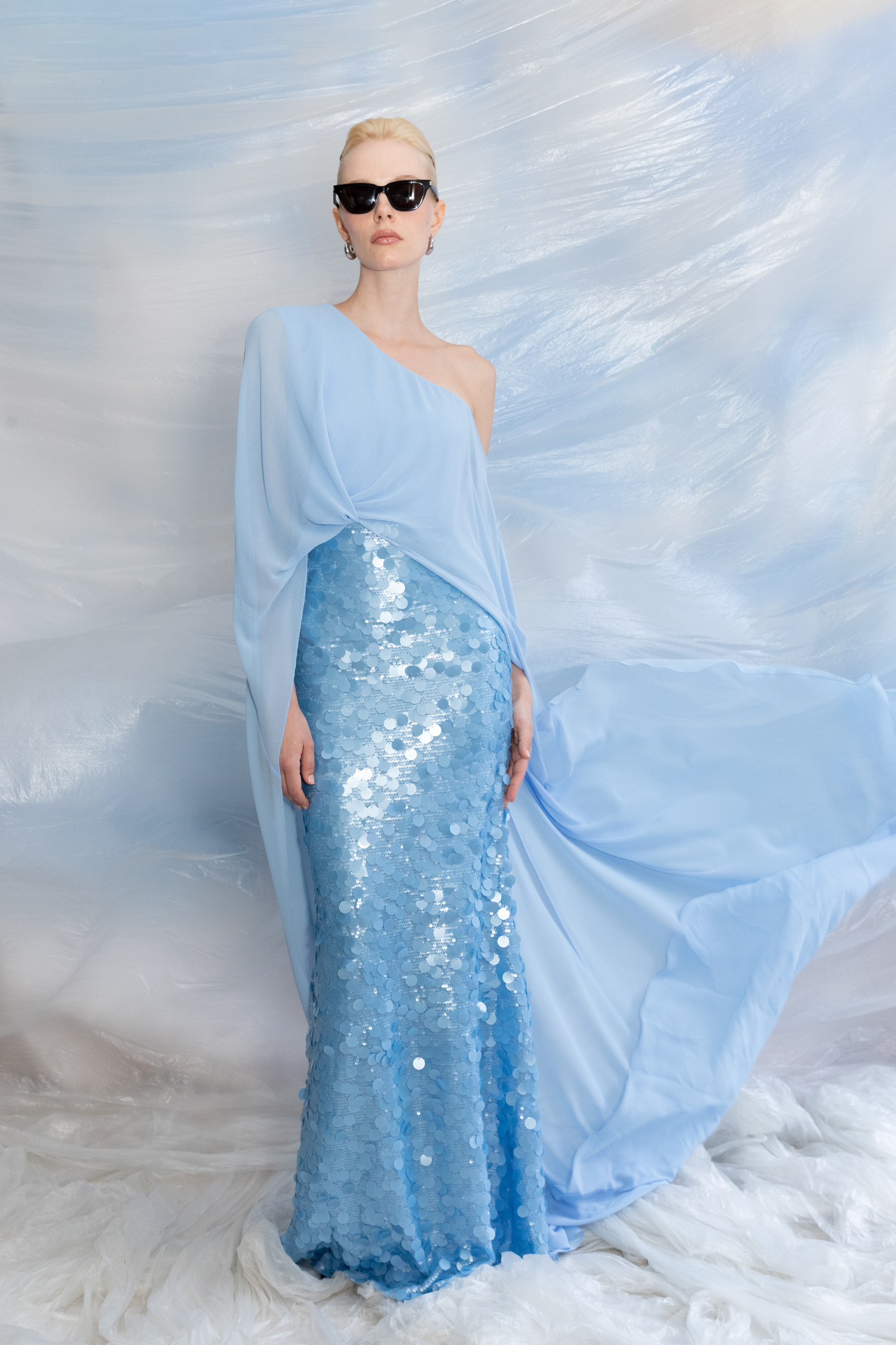 Chiffon and Sequin Straight Cut Gown with One-Shoulder Cape