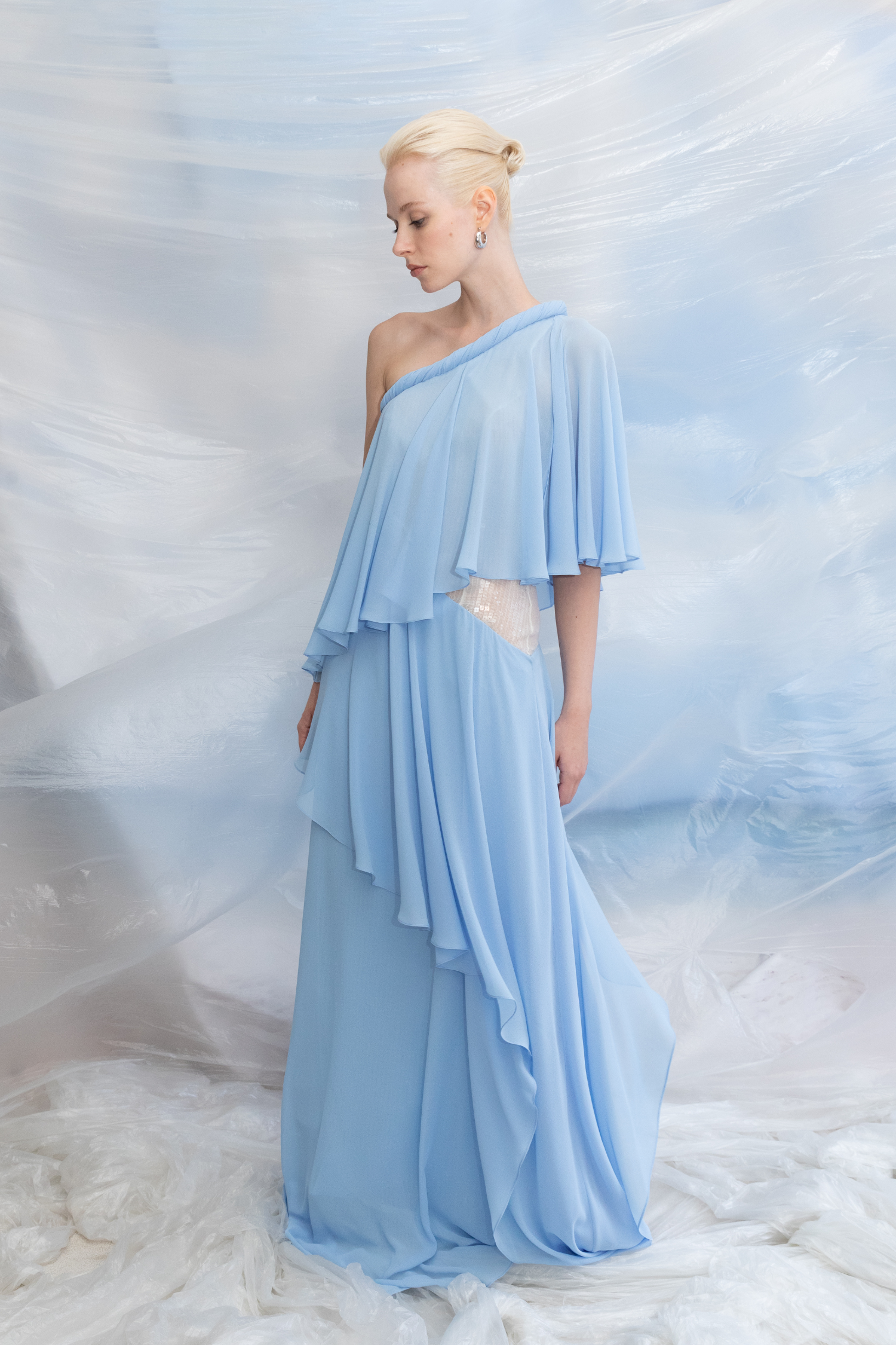 Chiffon-Sequin One-Shoulder Layered Evening Dress Chiffon-Sequin One-Shoulder Layered Evening Dress