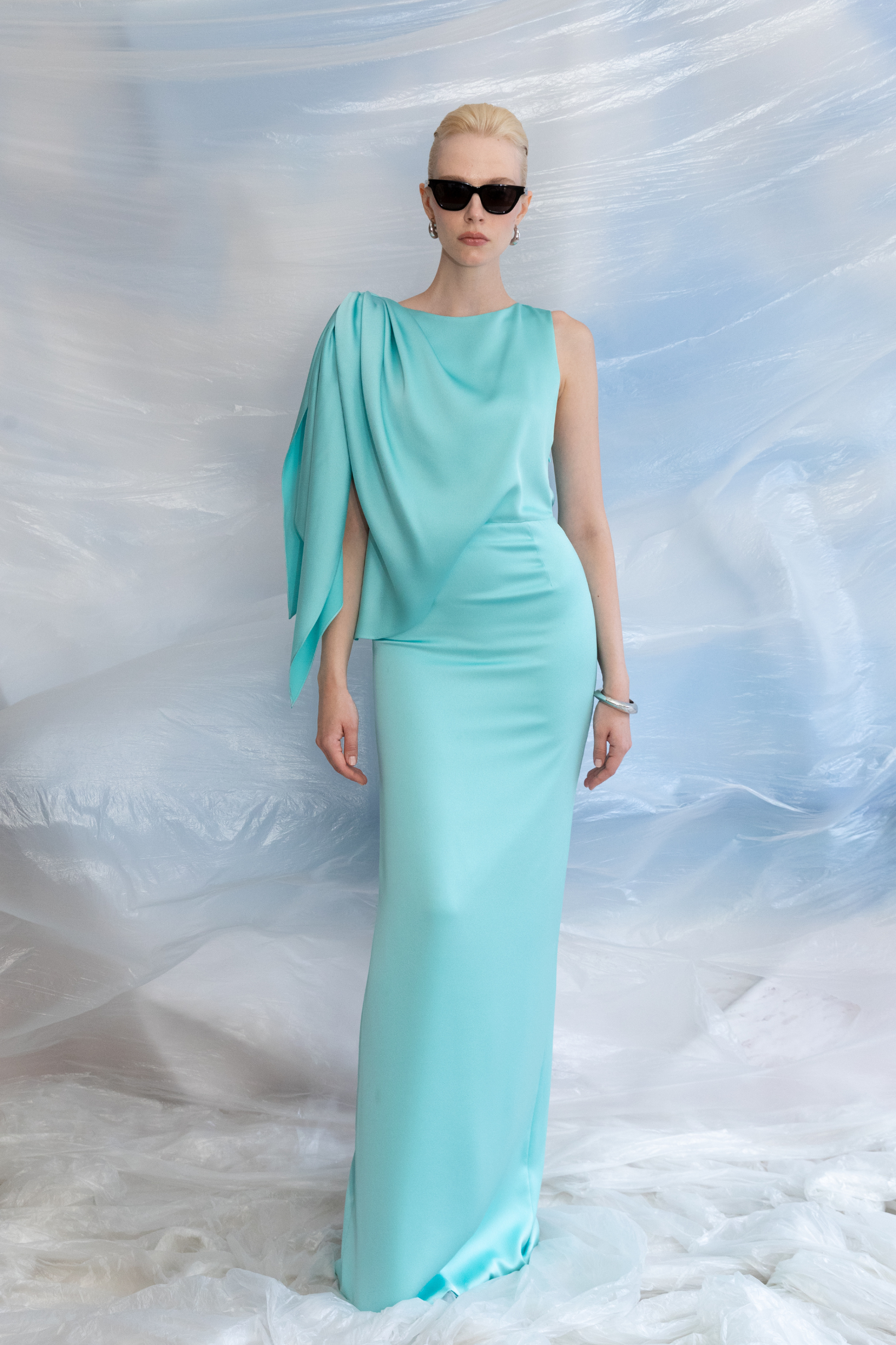 Straight-Cut Crepe Dress with One-Shoulder Bow Tie