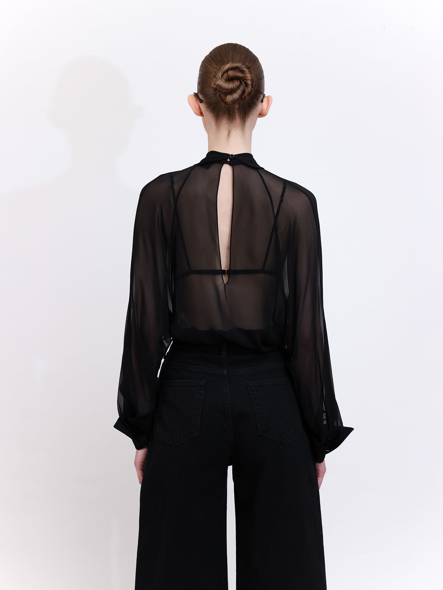 Black Chiffon Shirt with Bow Detail