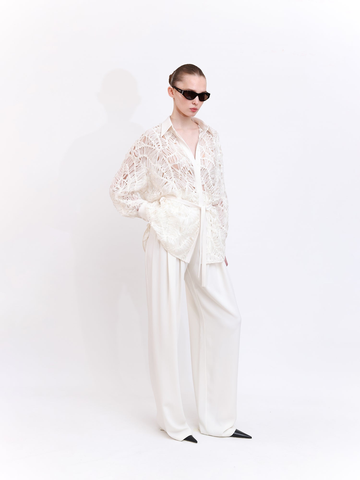 Wide-Leg Pleated Front Trousers in Ecru