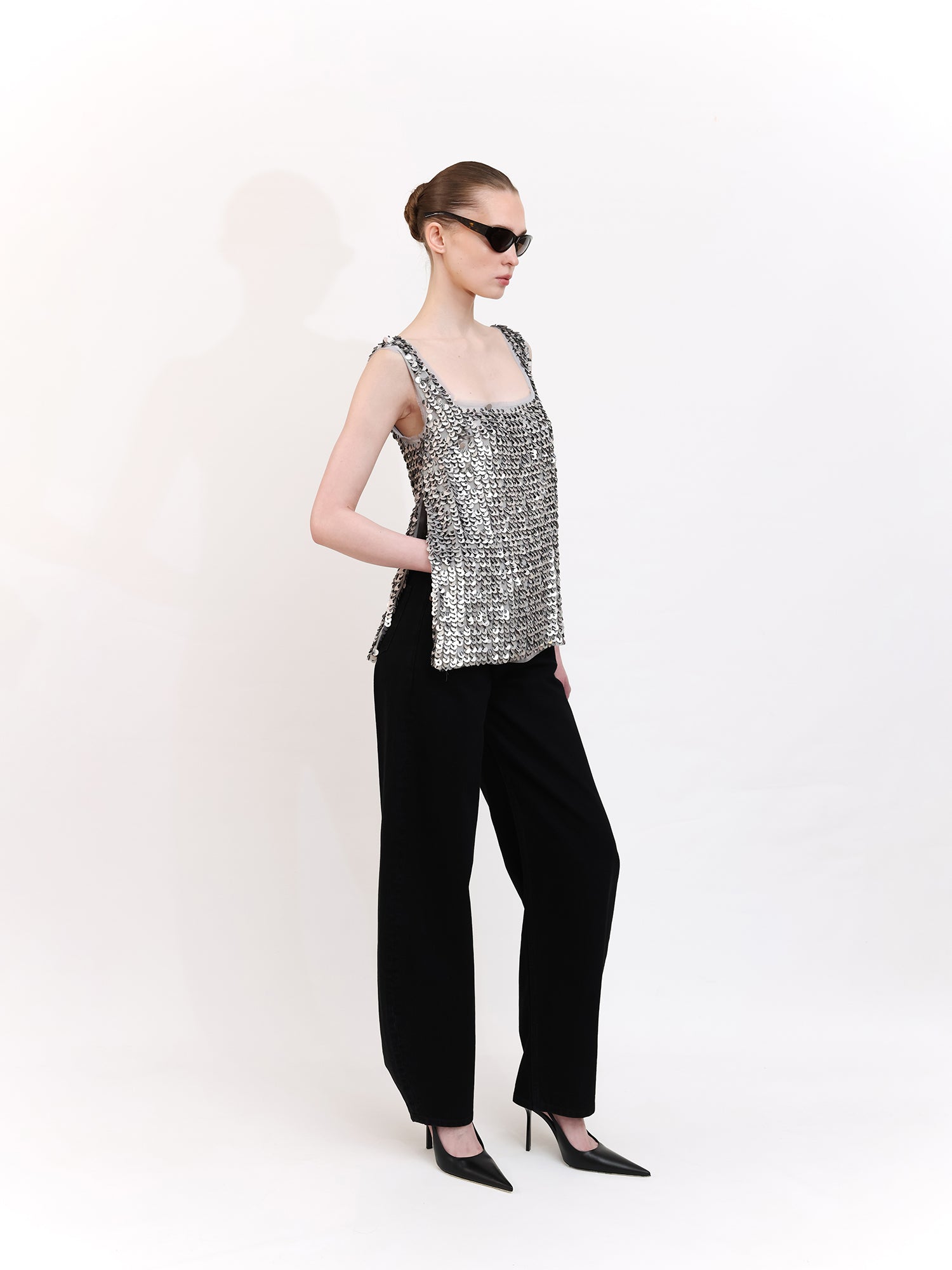 Square Neck Sequin-Detail Top