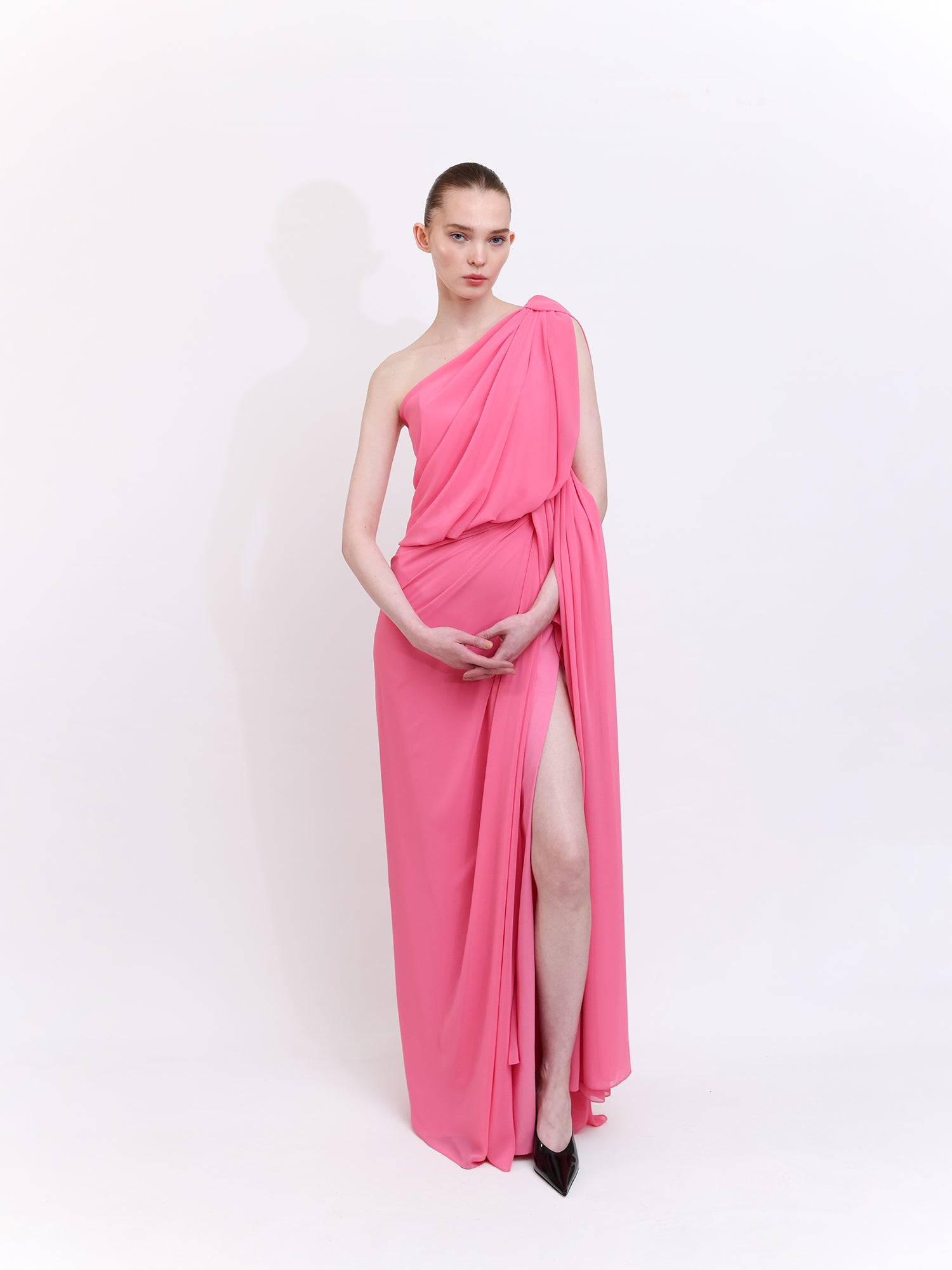 Cape-Detail Crepe Chiffon Dress