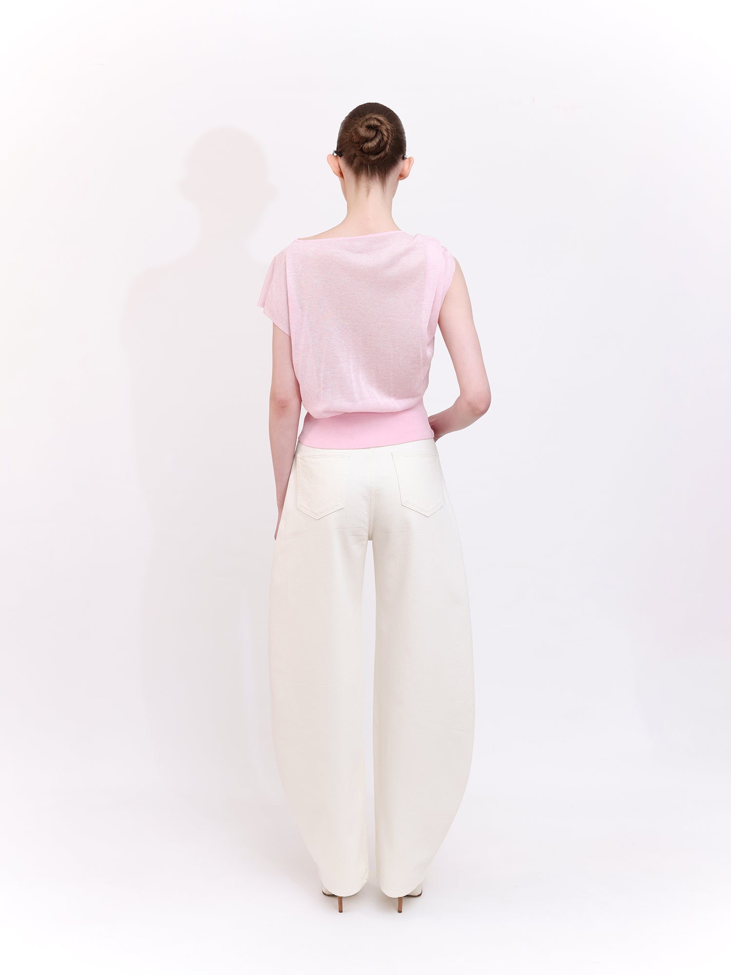 Soft Knit Top With Asymmetric Shoulder Accessory Detail in Pink