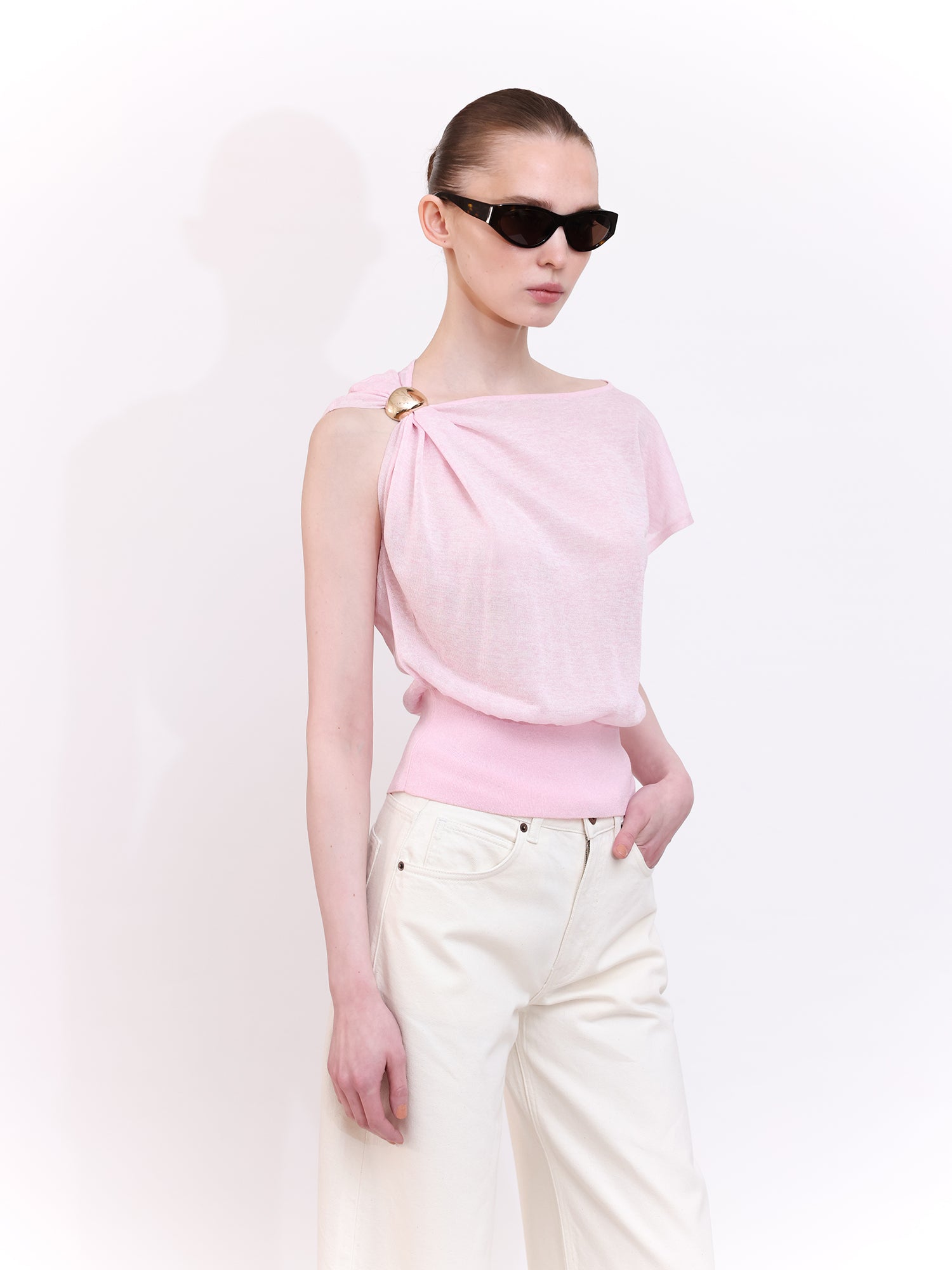 Soft Knit Top With Asymmetric Shoulder Accessory Detail in Pink