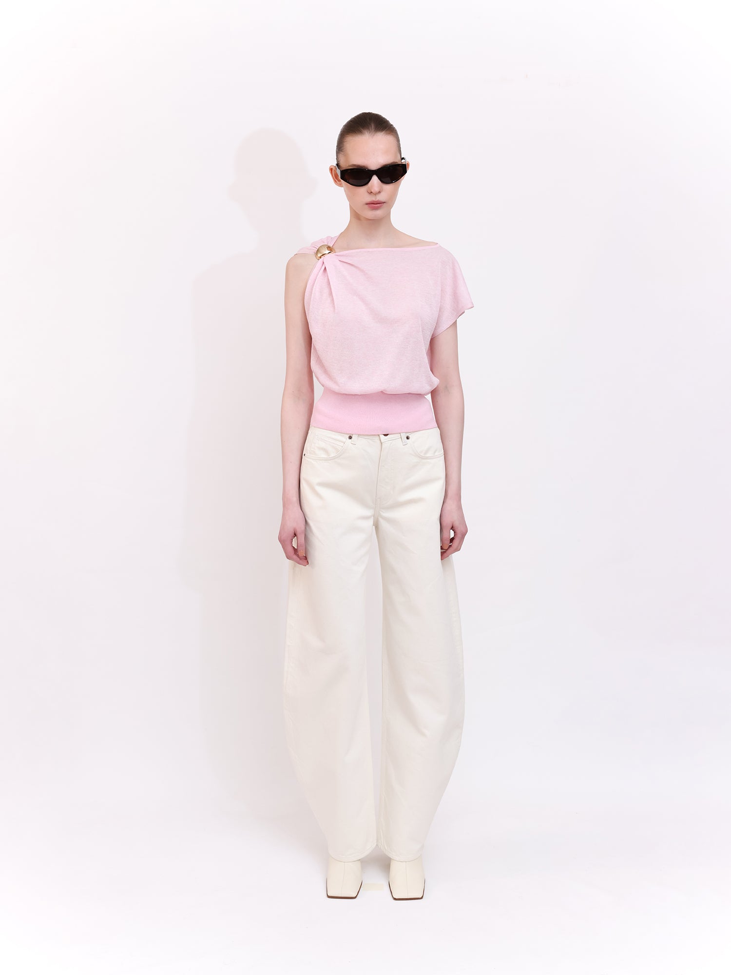 Soft Knit Top With Asymmetric Shoulder Accessory Detail in Pink