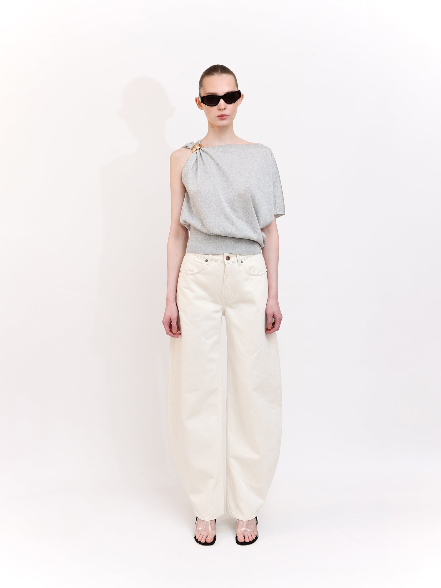 Soft Knit Top With Asymmetric Shoulder Accessory Detail in Grey