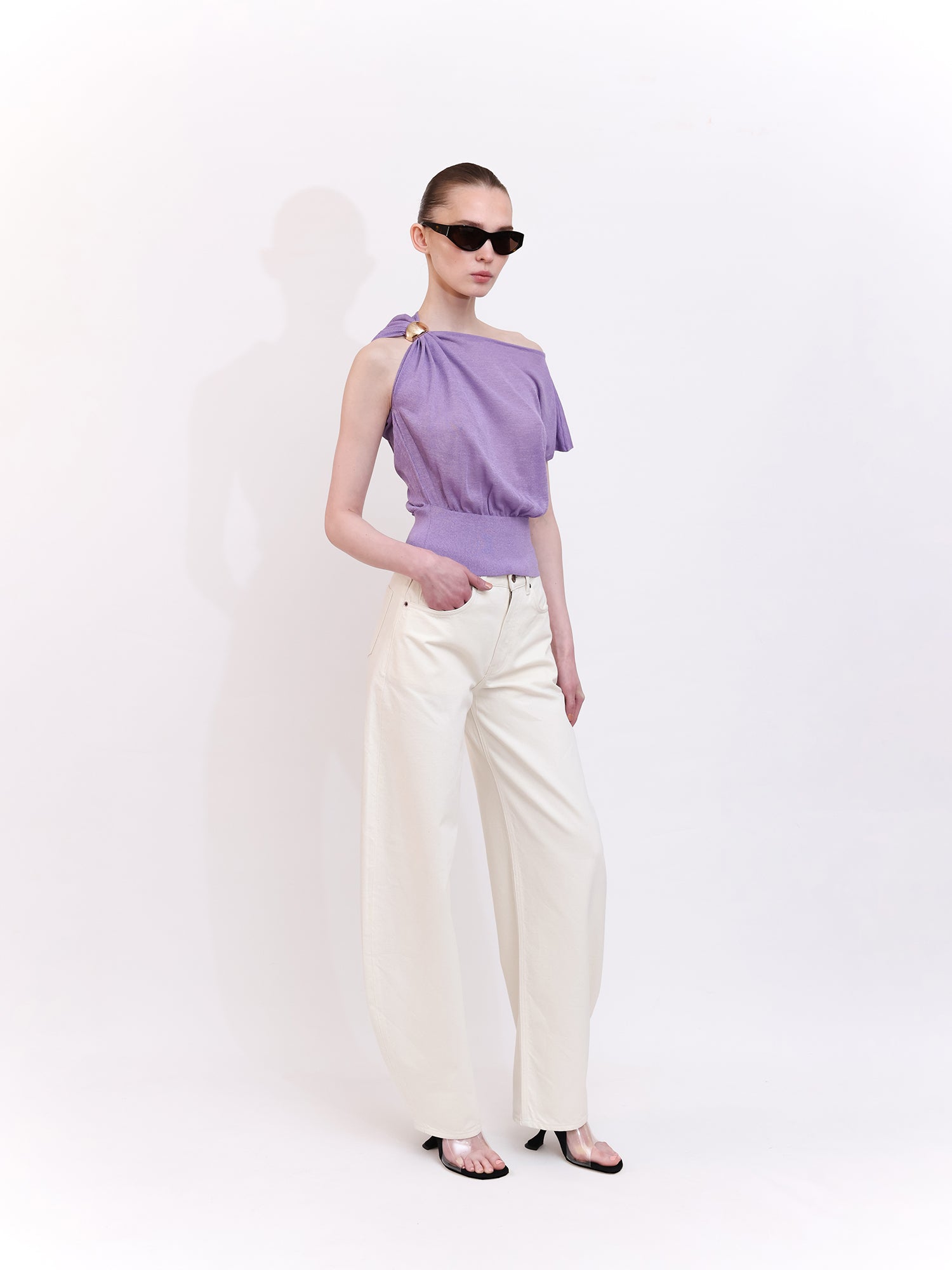 Soft Knit Top With Asymmetric Shoulder Accessory Detail in Purple