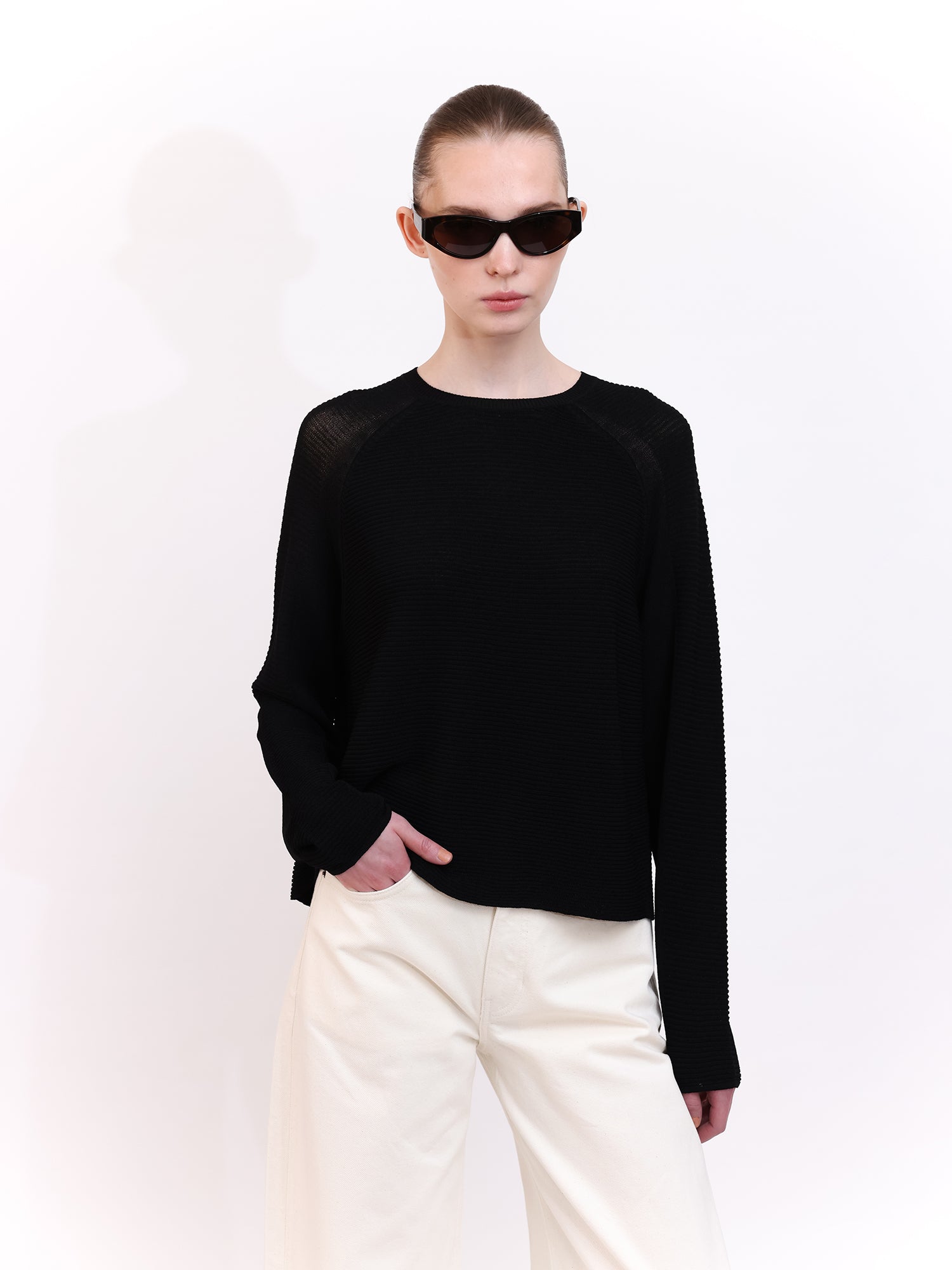 Soft Knit Top with Raglan Cut Sleeve in Black
