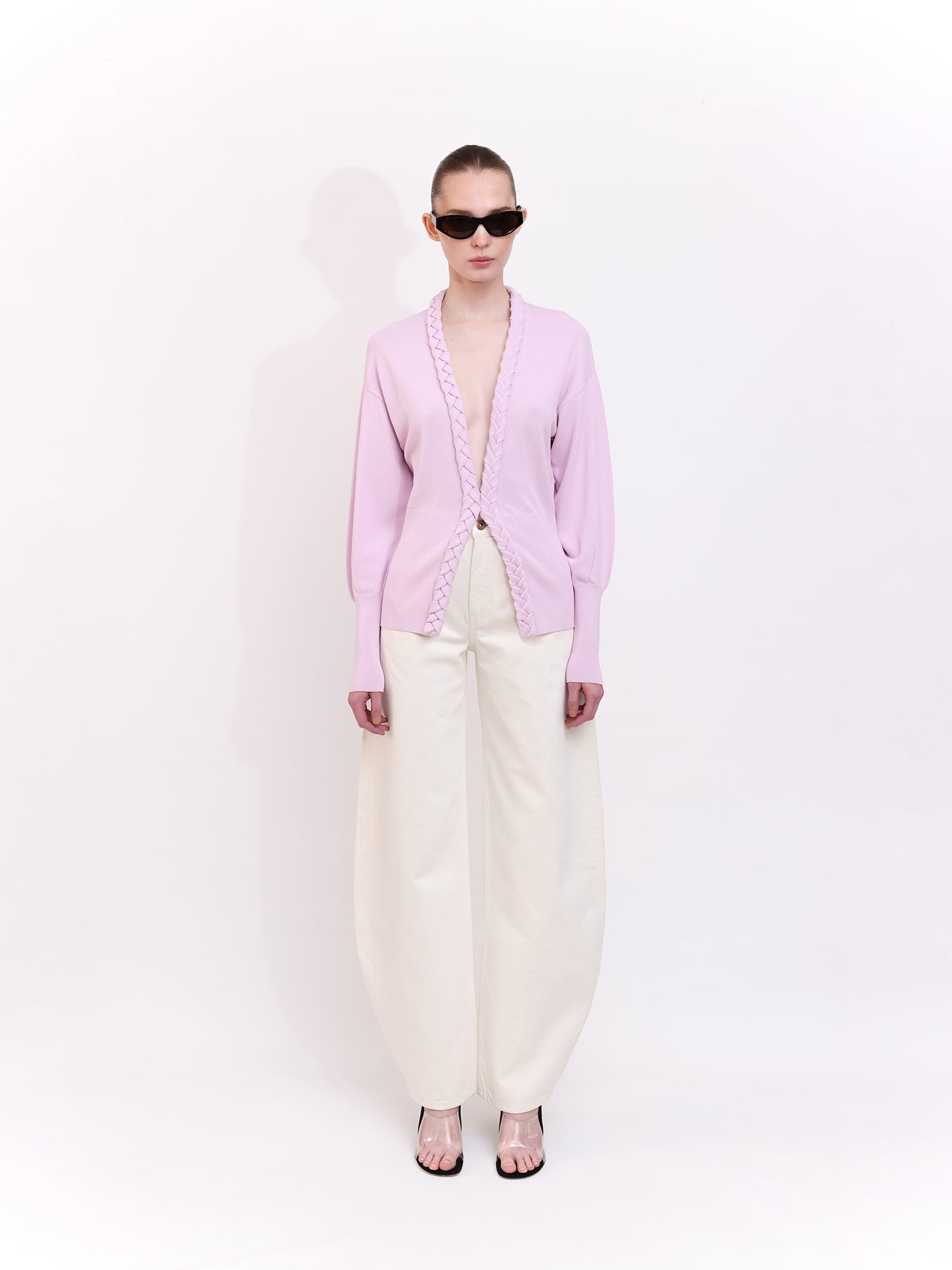 Soft Knit Cardigan With Braid Trim in Lavender