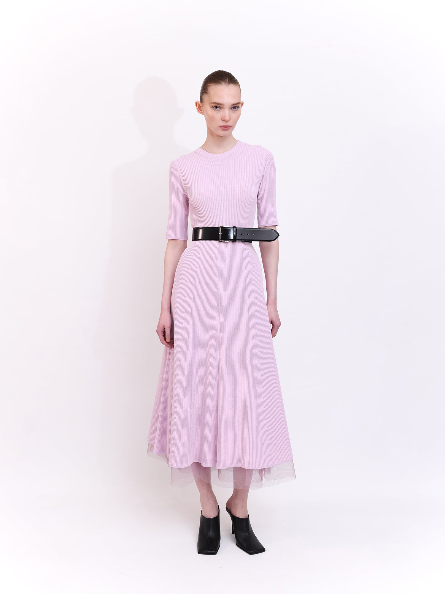 Soft Knit Midi Dress with Short Sleeves in Lavender