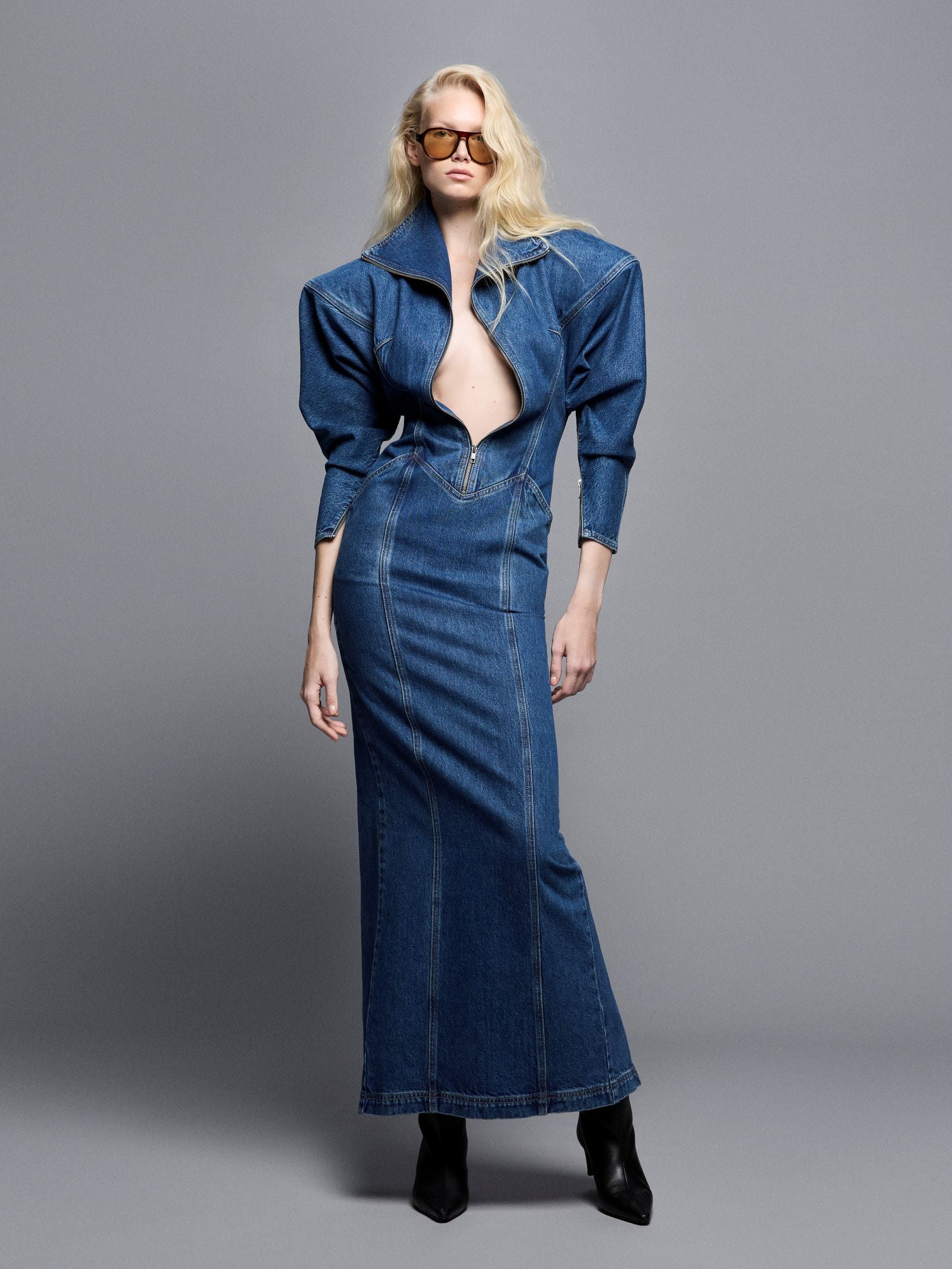 white christmas dresses Long Zip-up Denim Maxi Dress