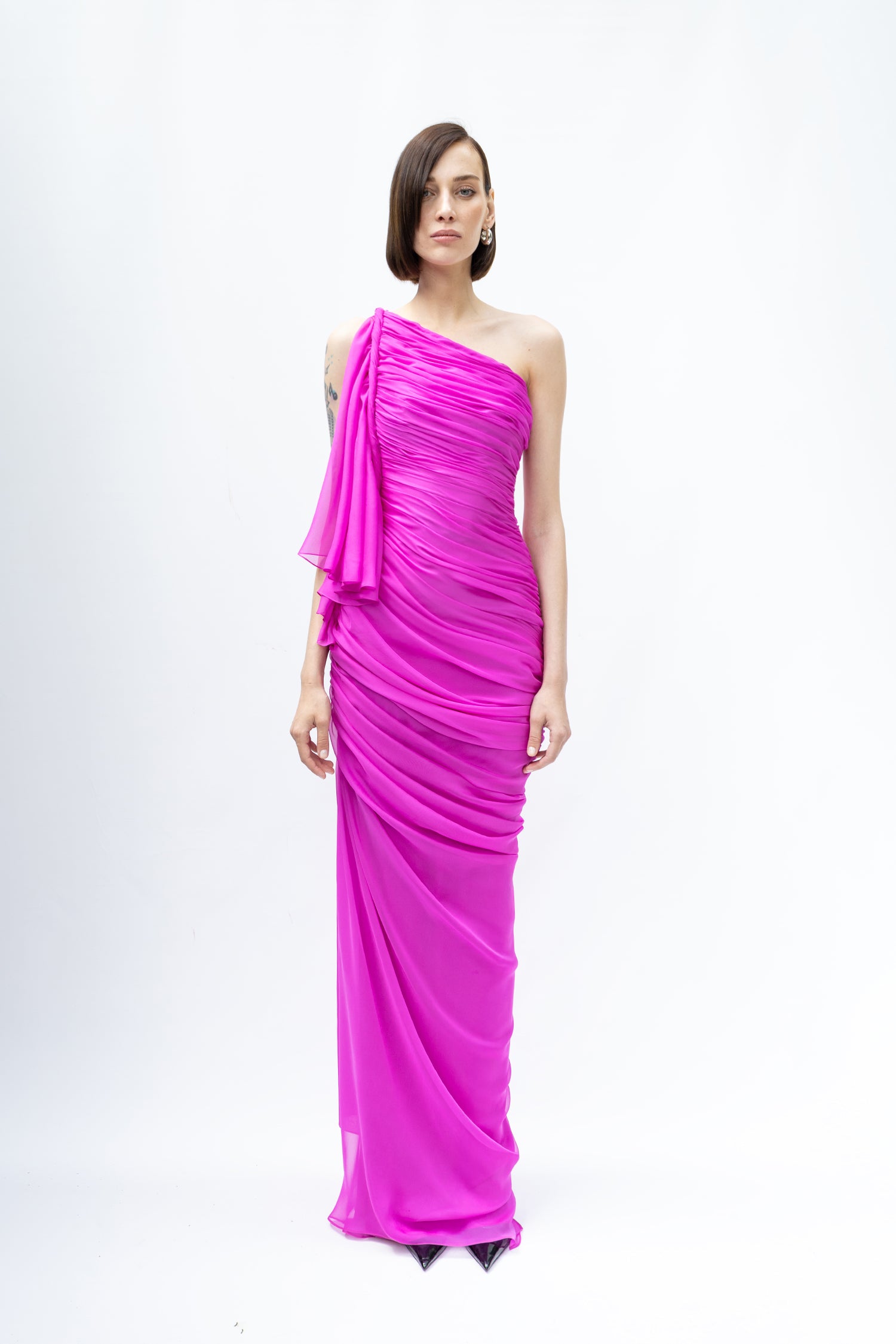 One Shouldered, Draped Chiffon Dress