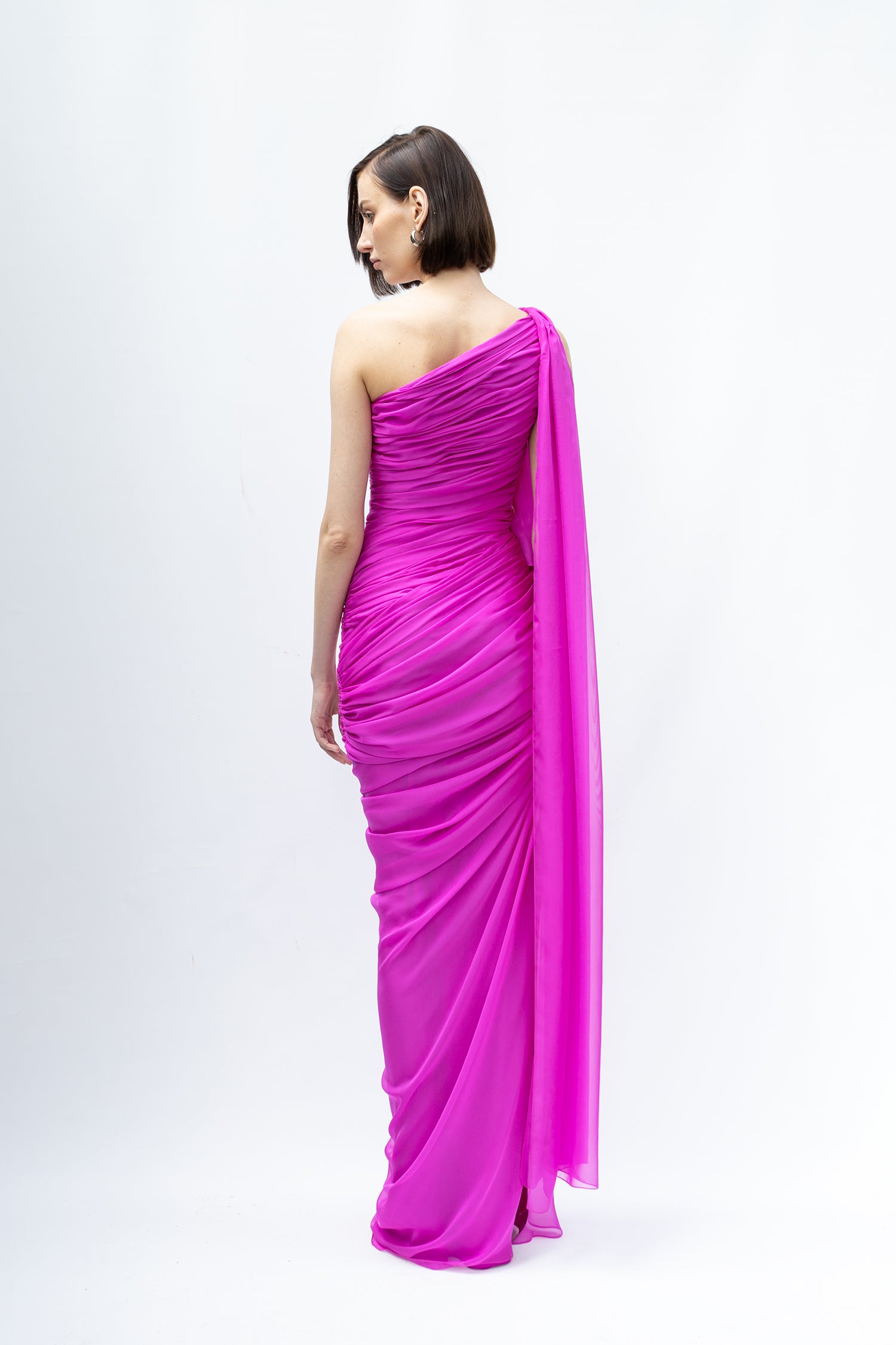 One Shouldered, Draped Chiffon Dress