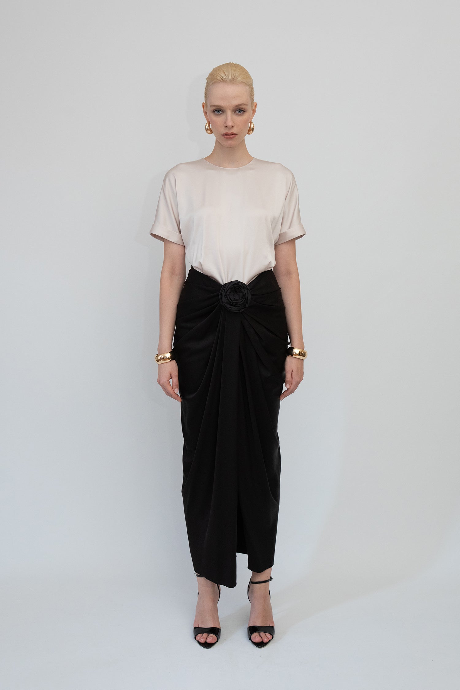 Crepe Shirt Dress with Roll-Up Sleeves and Draped Tulip Skirt