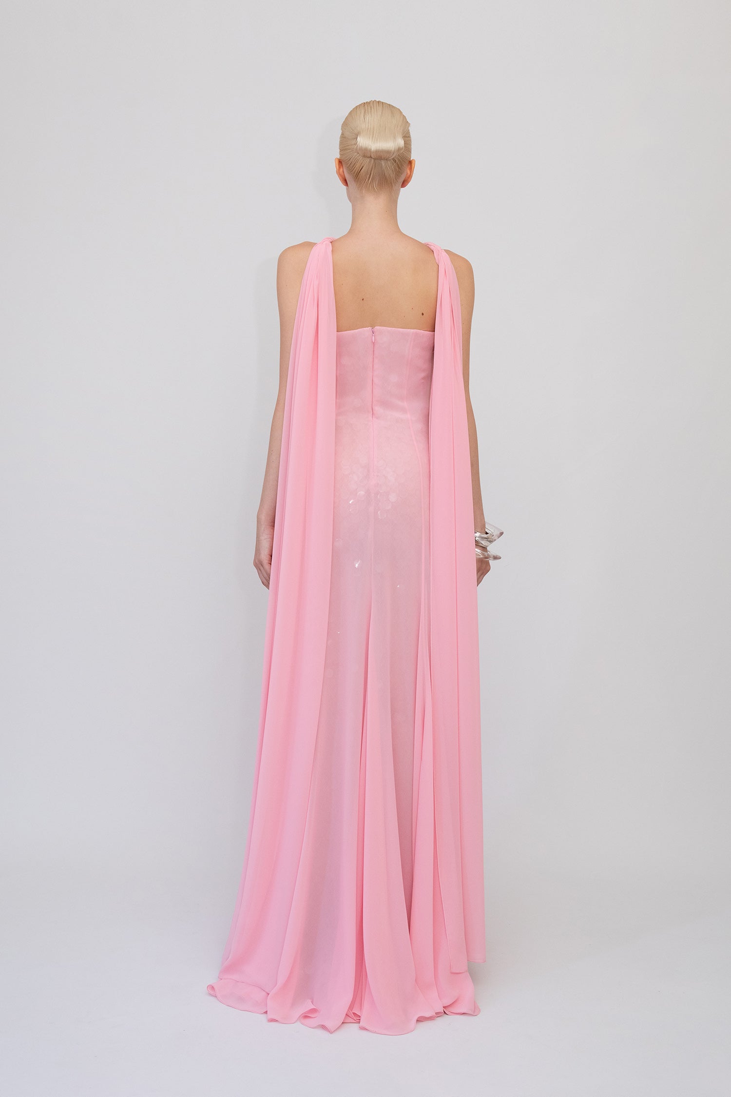Chiffon and Transparent Mesh Sequin Layer Gown with Floor-Length