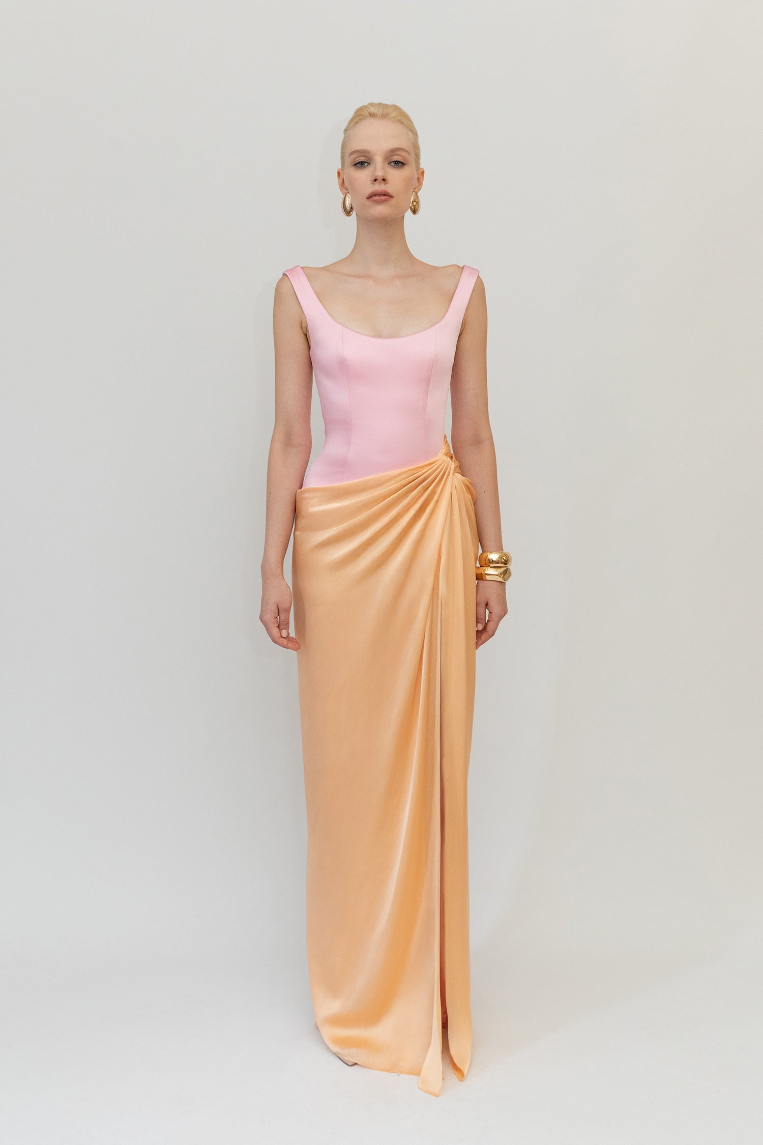 Satin Fitted Dress with Square Neck Top and Draped Skirt