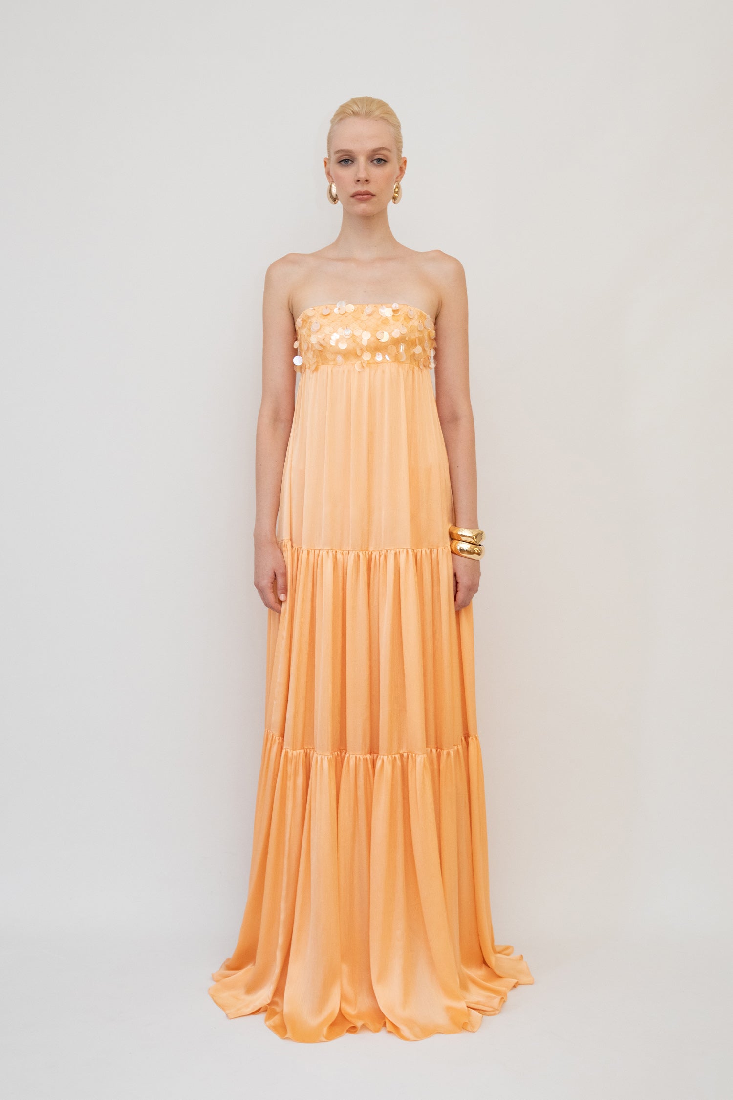 Chiffon Floss, Strapless Dress with Wide Cut Sequin Fitted from Bust