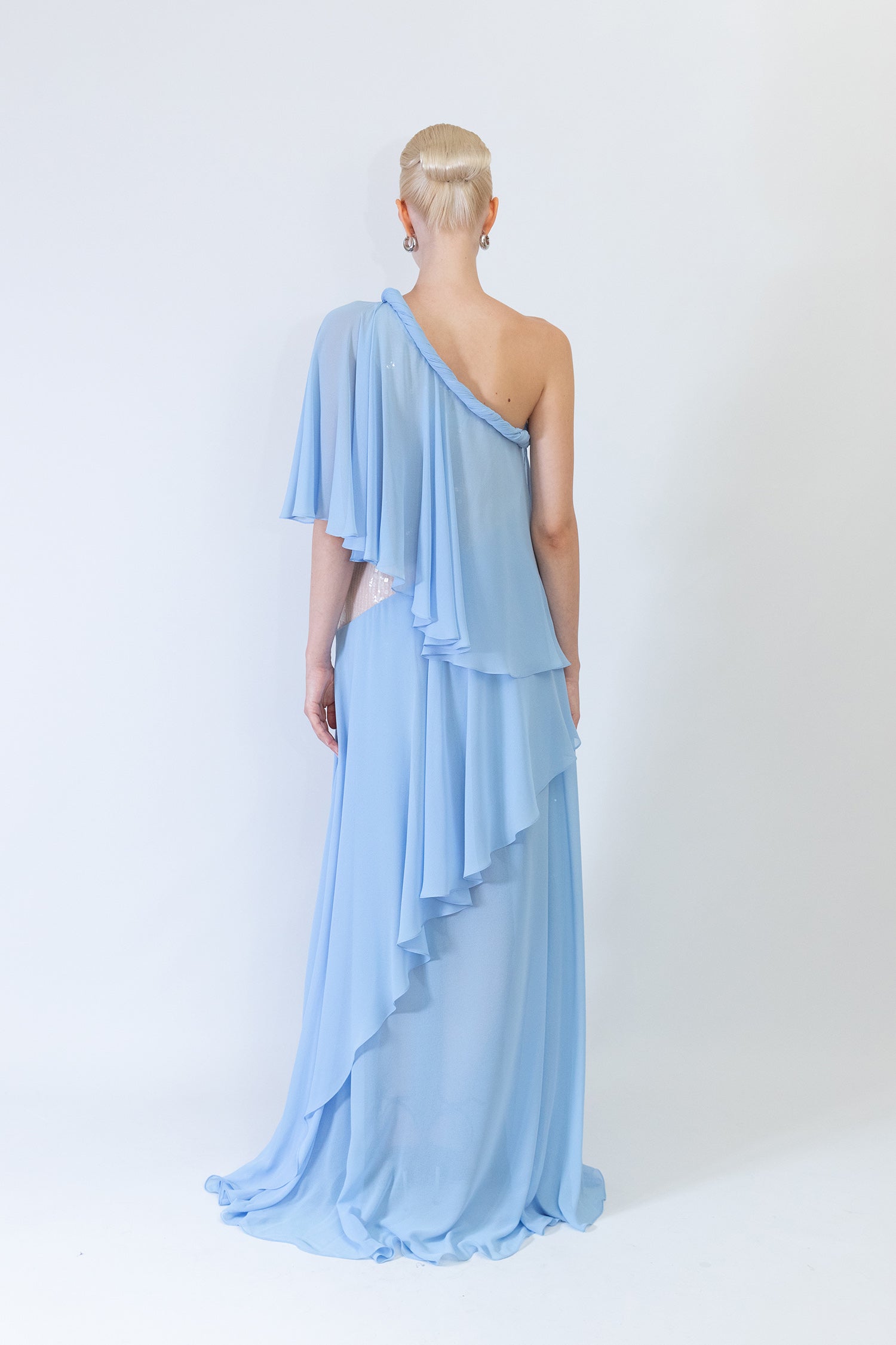 Chiffon-Sequin One-Shoulder Layered Evening Dress