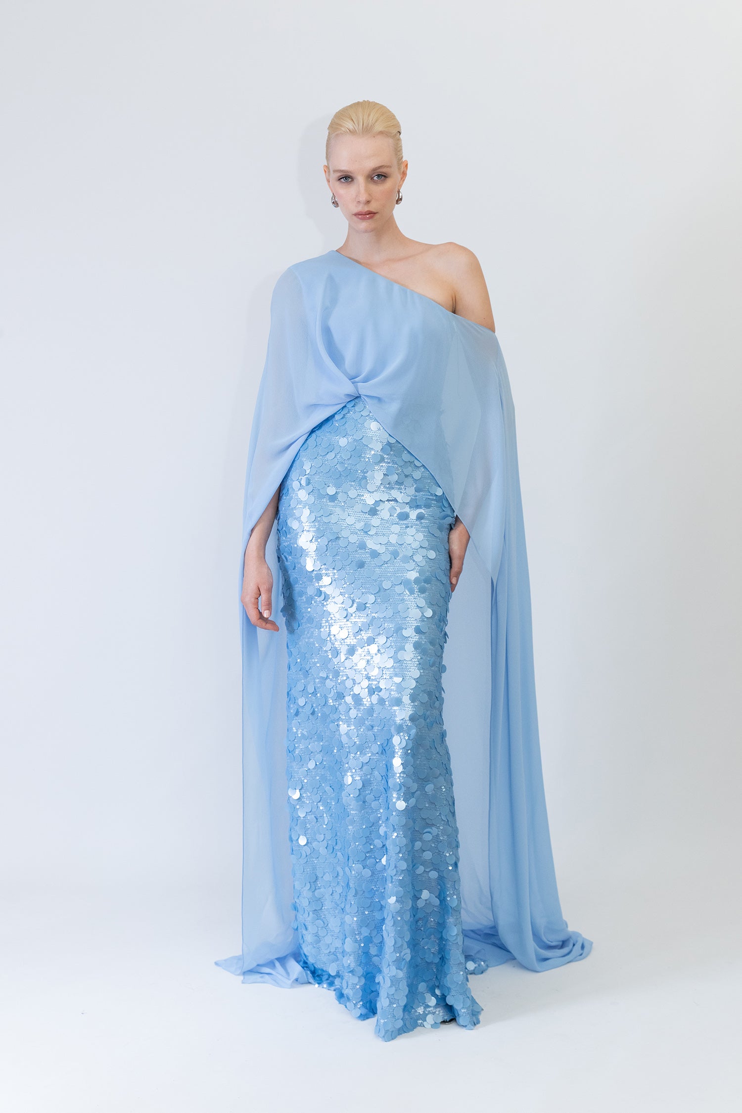 Chiffon and Sequin Straight Cut Gown with One-Shoulder Cape