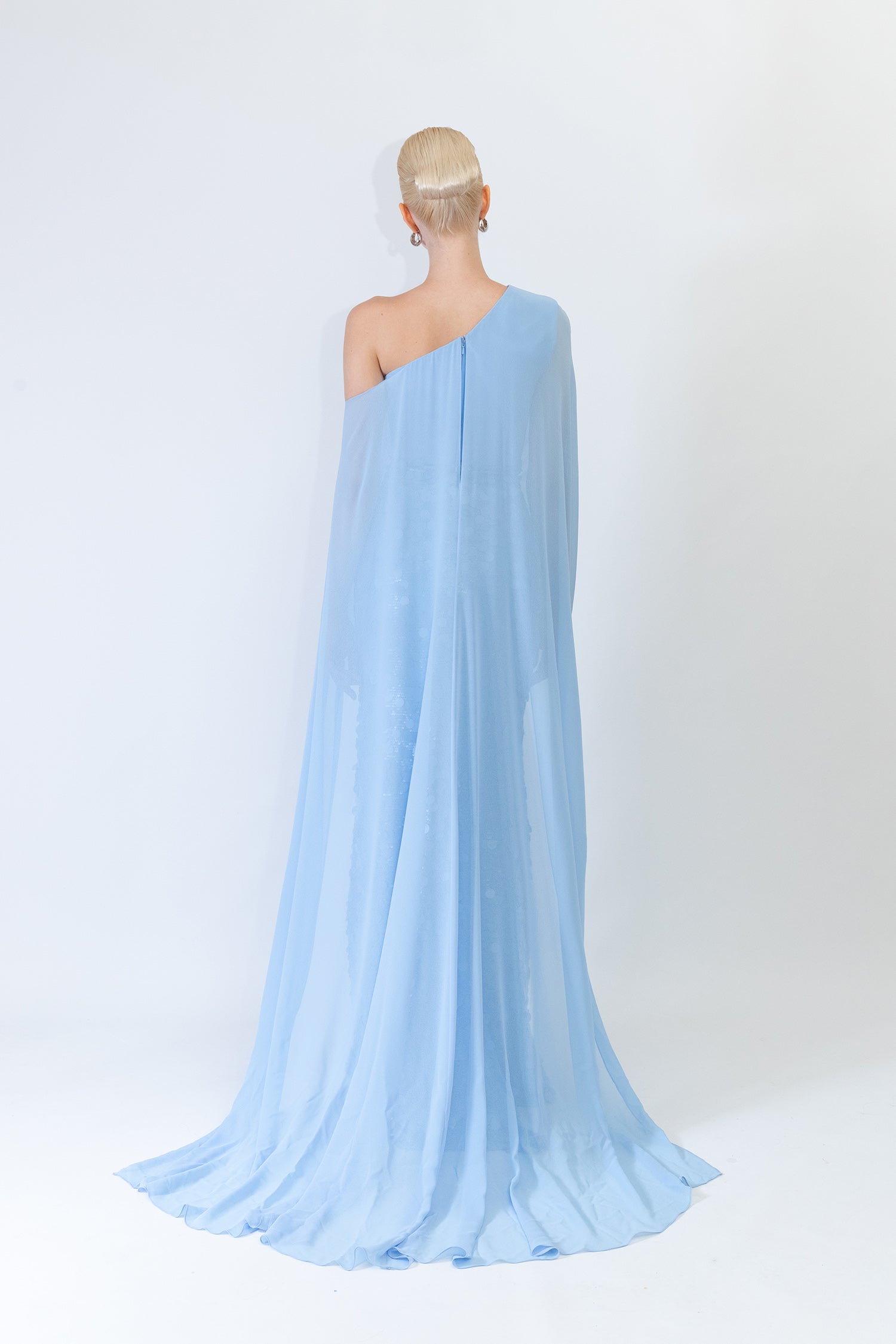 Chiffon and Sequin Straight Cut Gown with One-Shoulder Cape