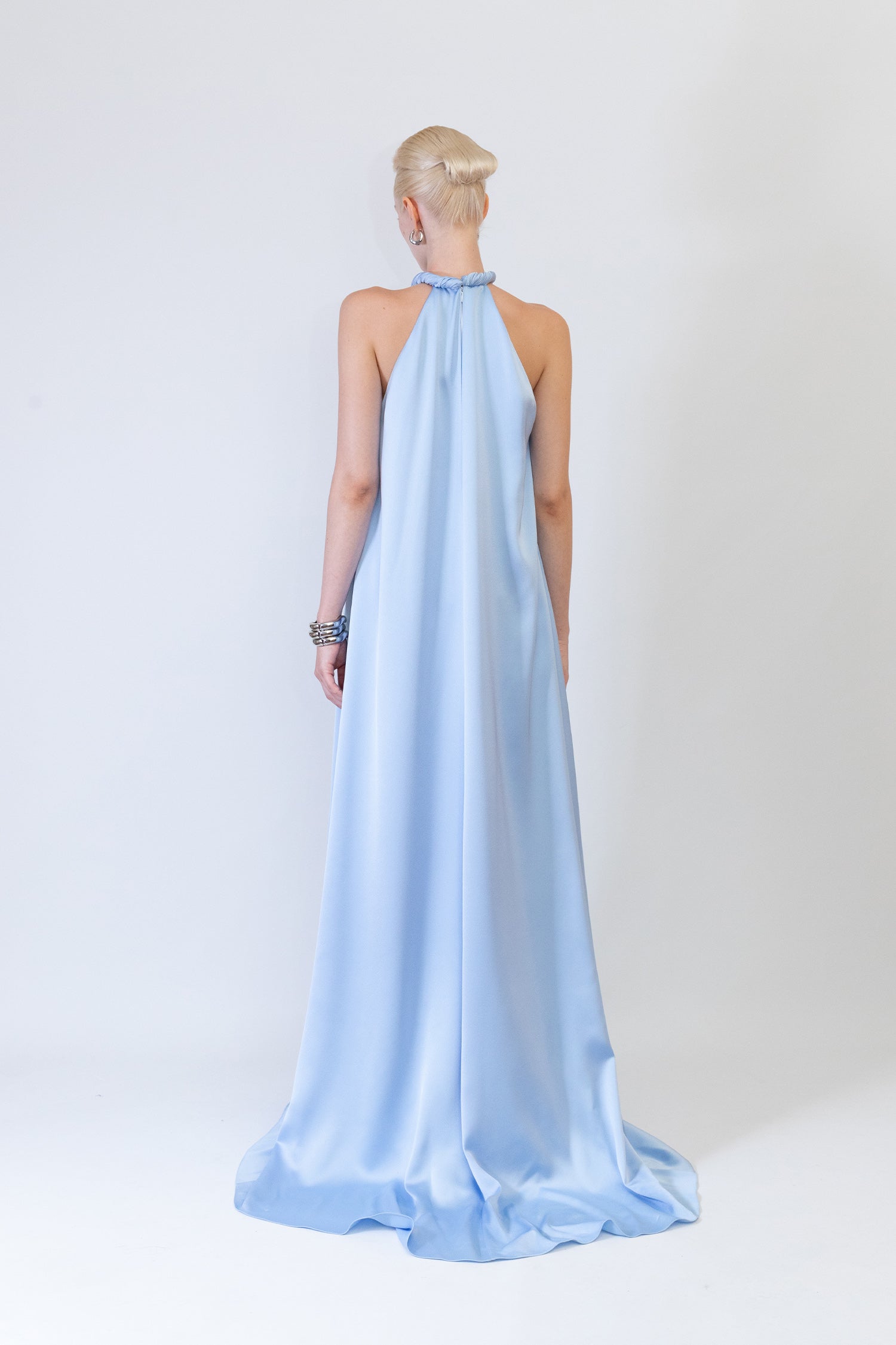 Crepe Two Layer Gown with Tie Neck Draped Strap