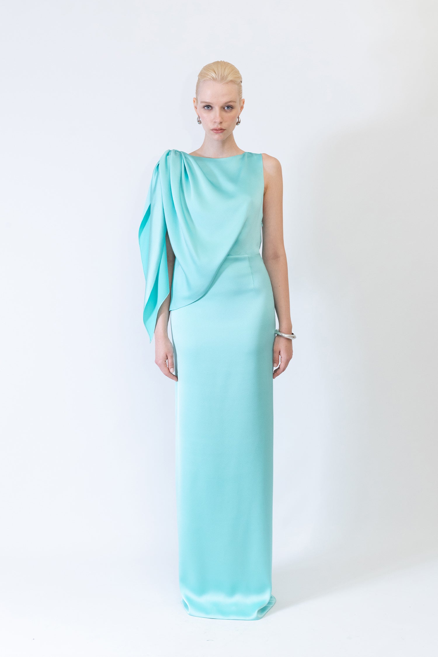 Straight-Cut Crepe Dress with One-Shoulder Bow Tie