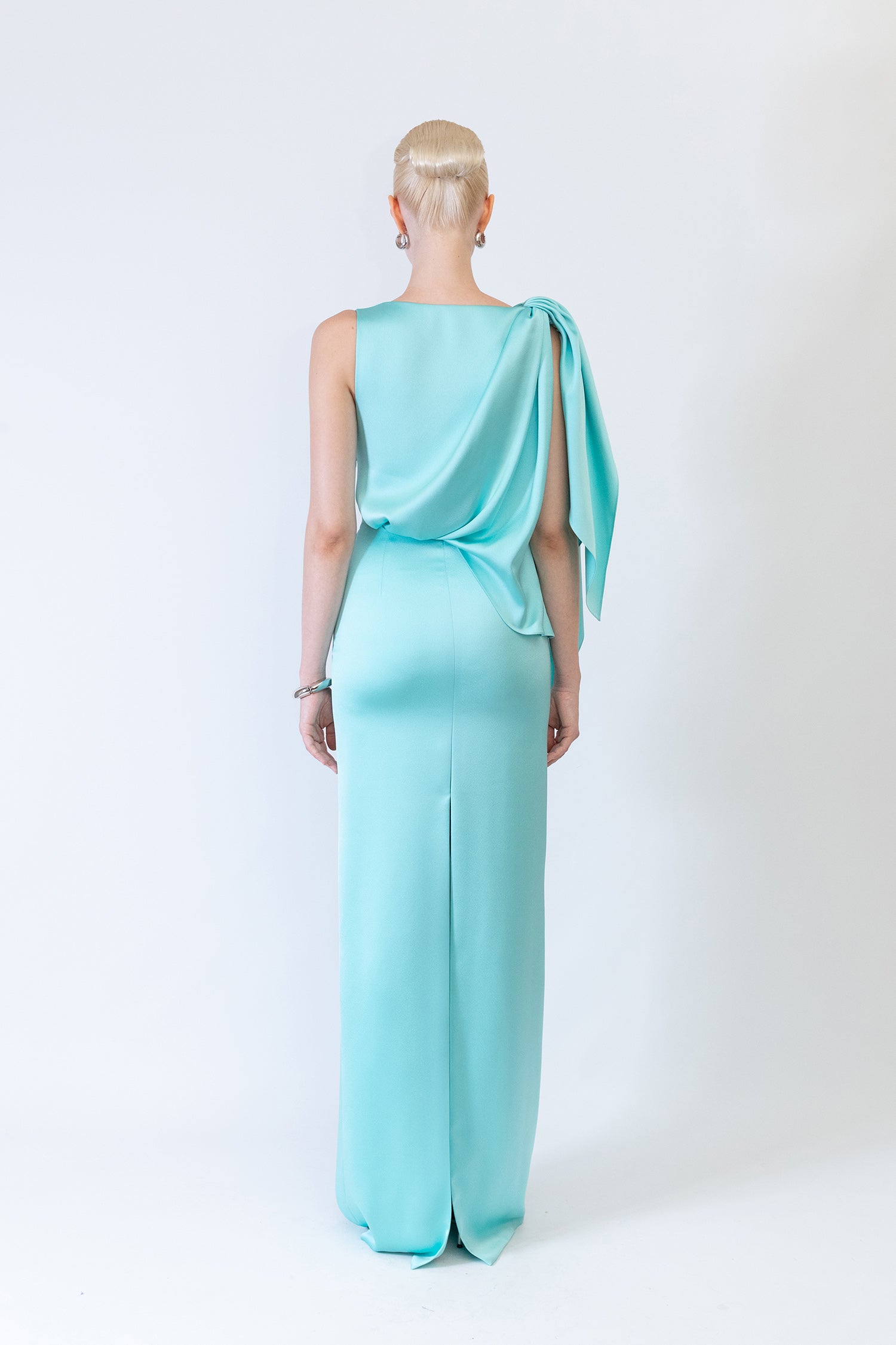 Straight-Cut Crepe Dress with One-Shoulder Bow Tie