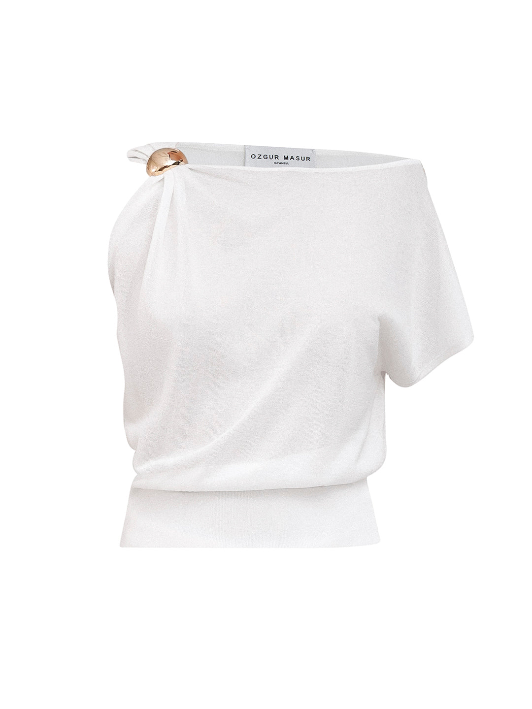 Soft Knit Top With Asymmetric Shoulder Accessory Detail in Ecru