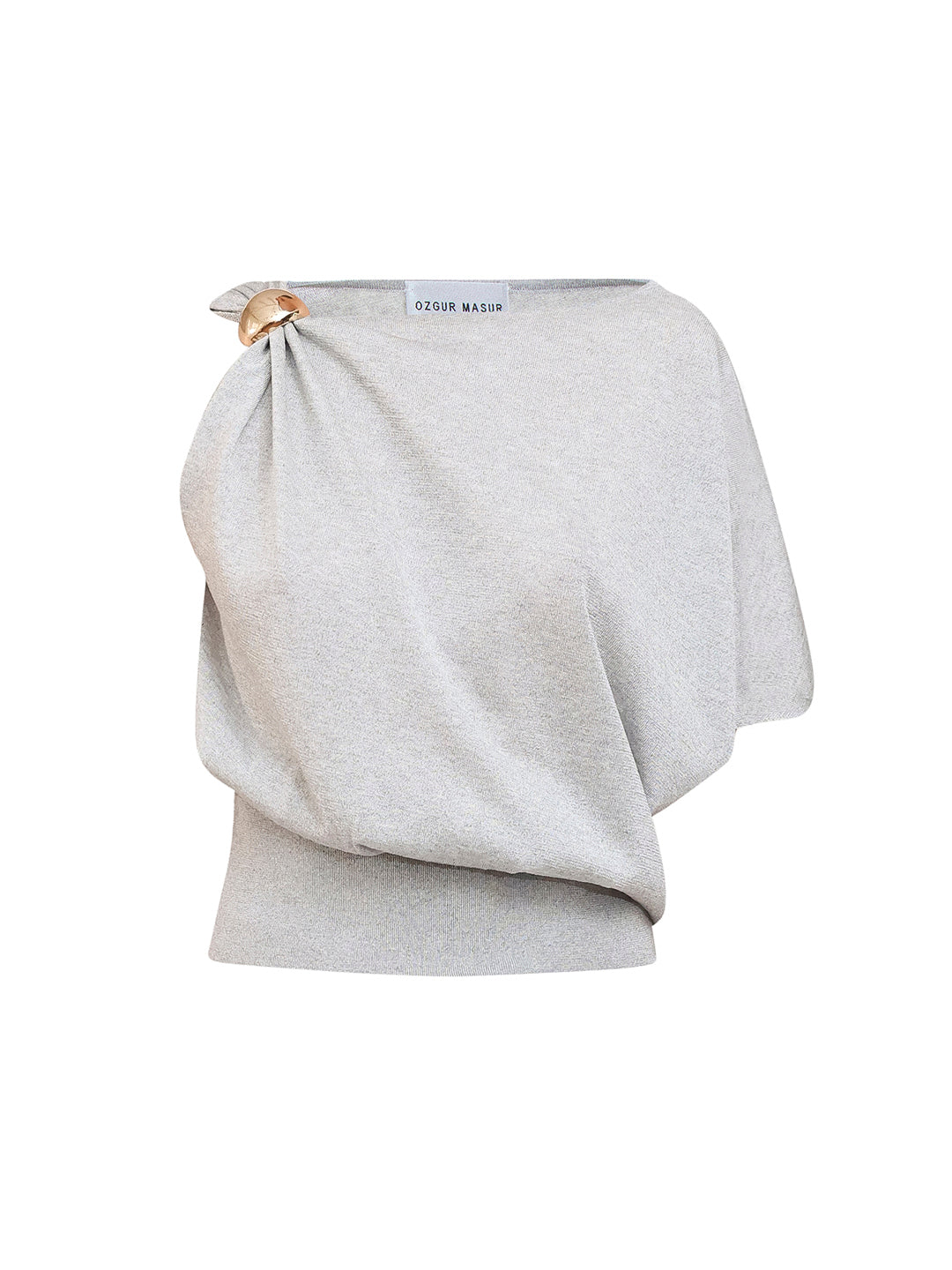 Soft Knit Top With Asymmetric Shoulder Accessory Detail in Grey