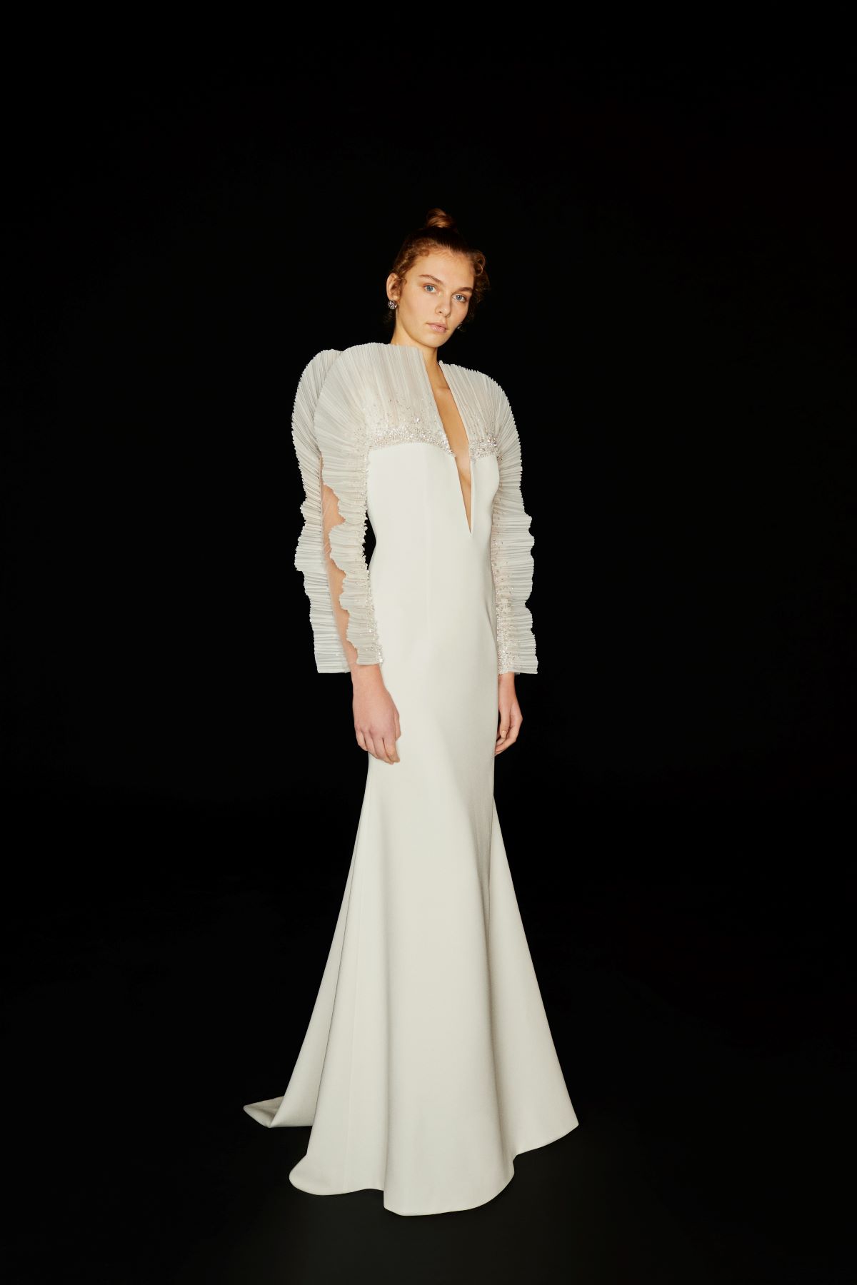 Deep V crepe sateen gown with pleated and handmade beaded organza sleeves 