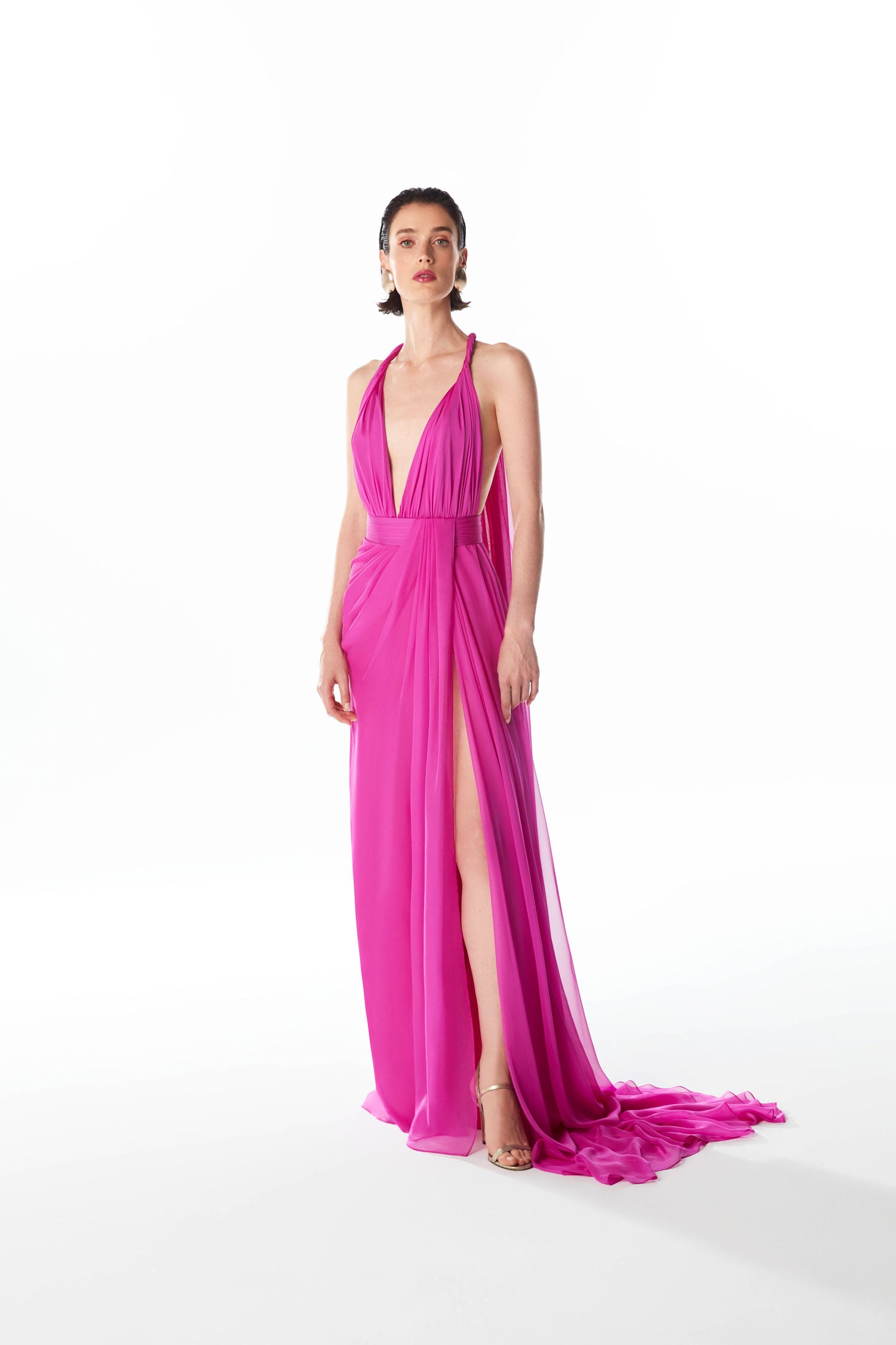 Deep V-neck Draped Chiffon Dress