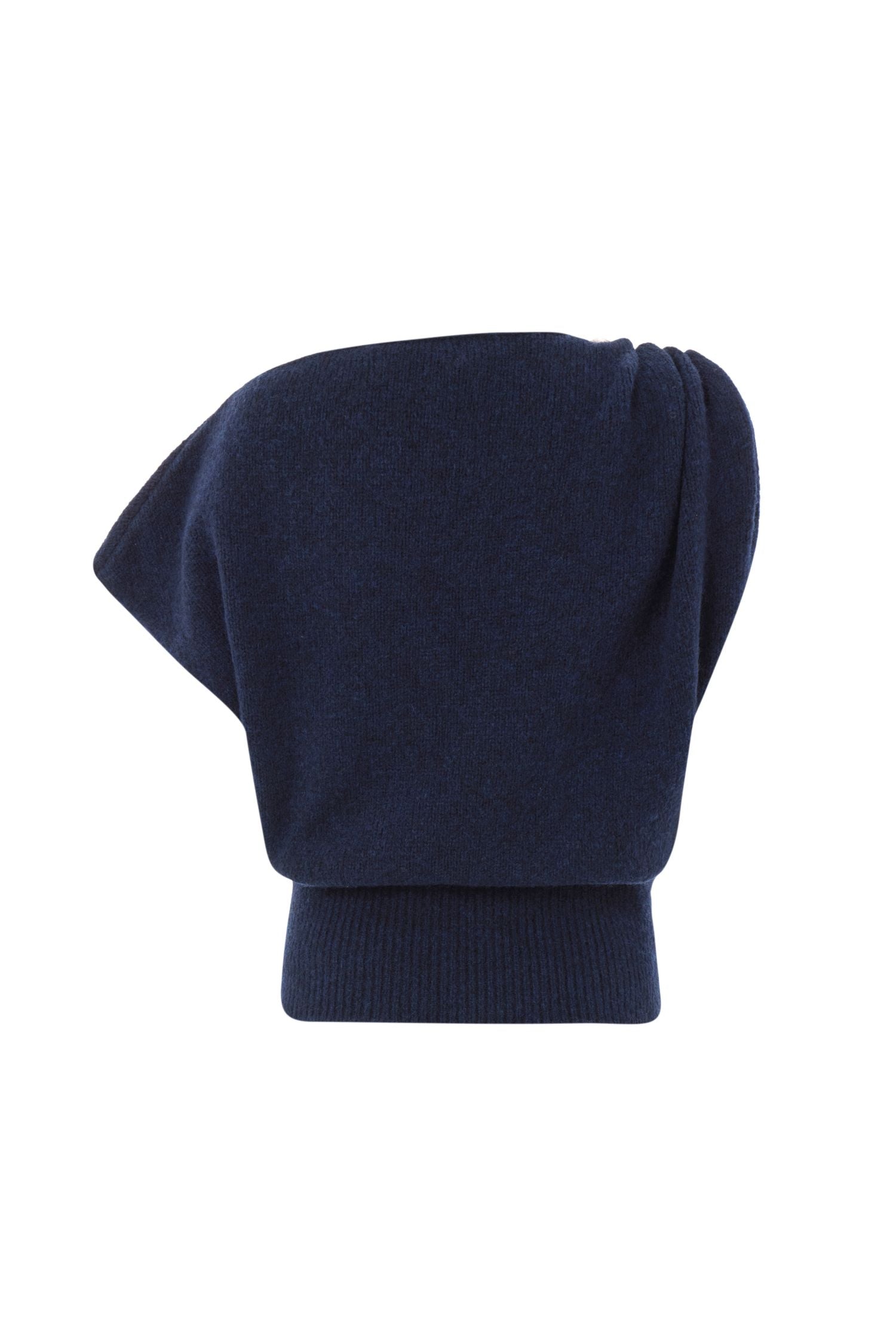 Soft knit asymmetric shoulder top with pearl accessory.