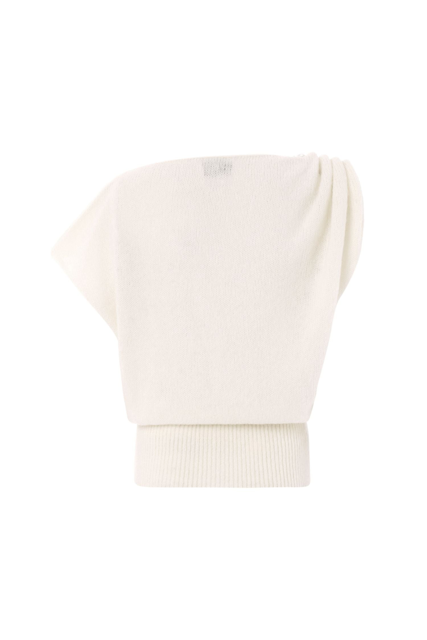 Soft knit asymmetric shoulder top with pearl accessory.