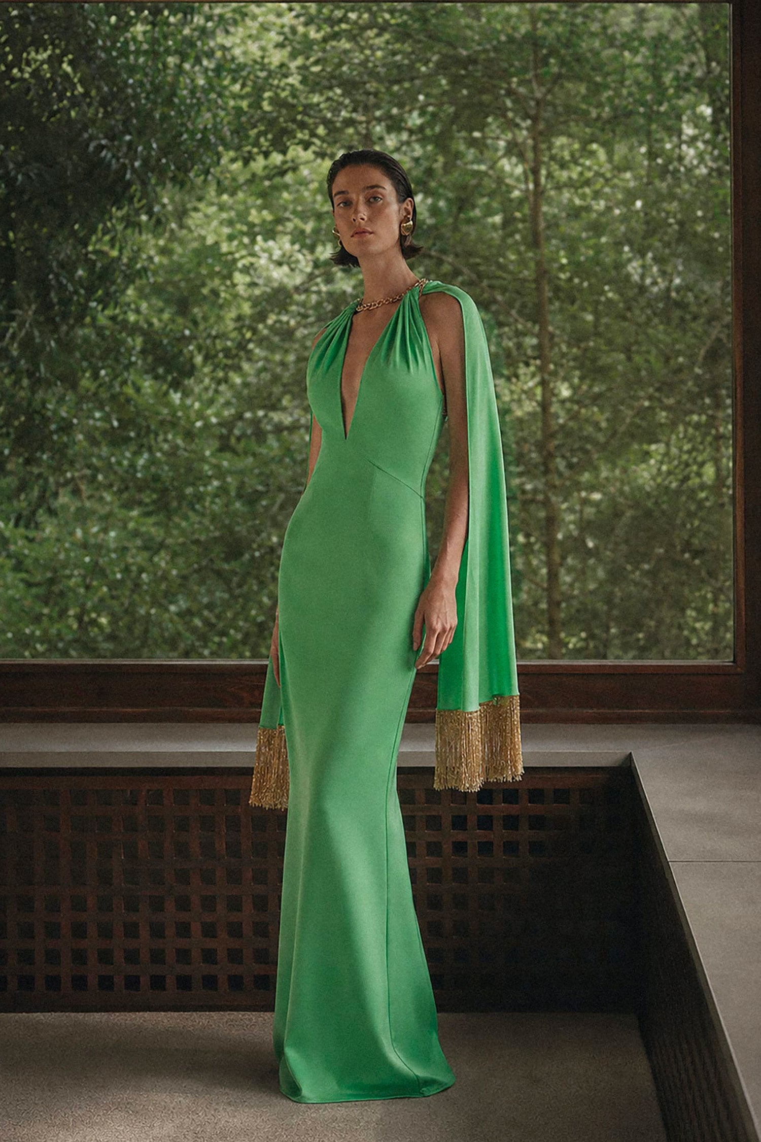 Deep V-neck Dress with Chain Detail and Shawl