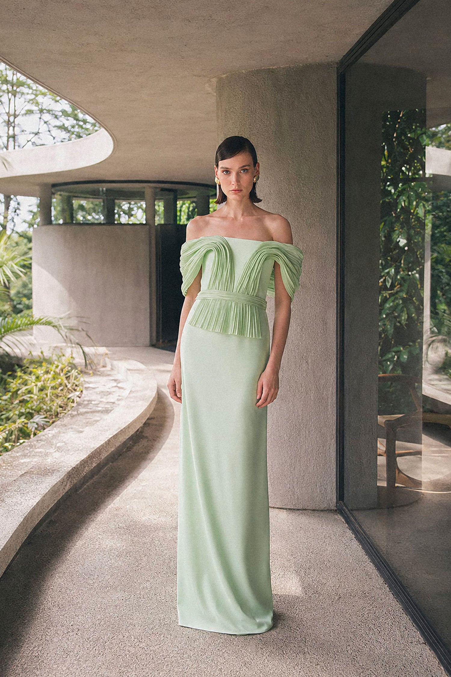 Dress with Draped Taffeta Details on the Shoulders