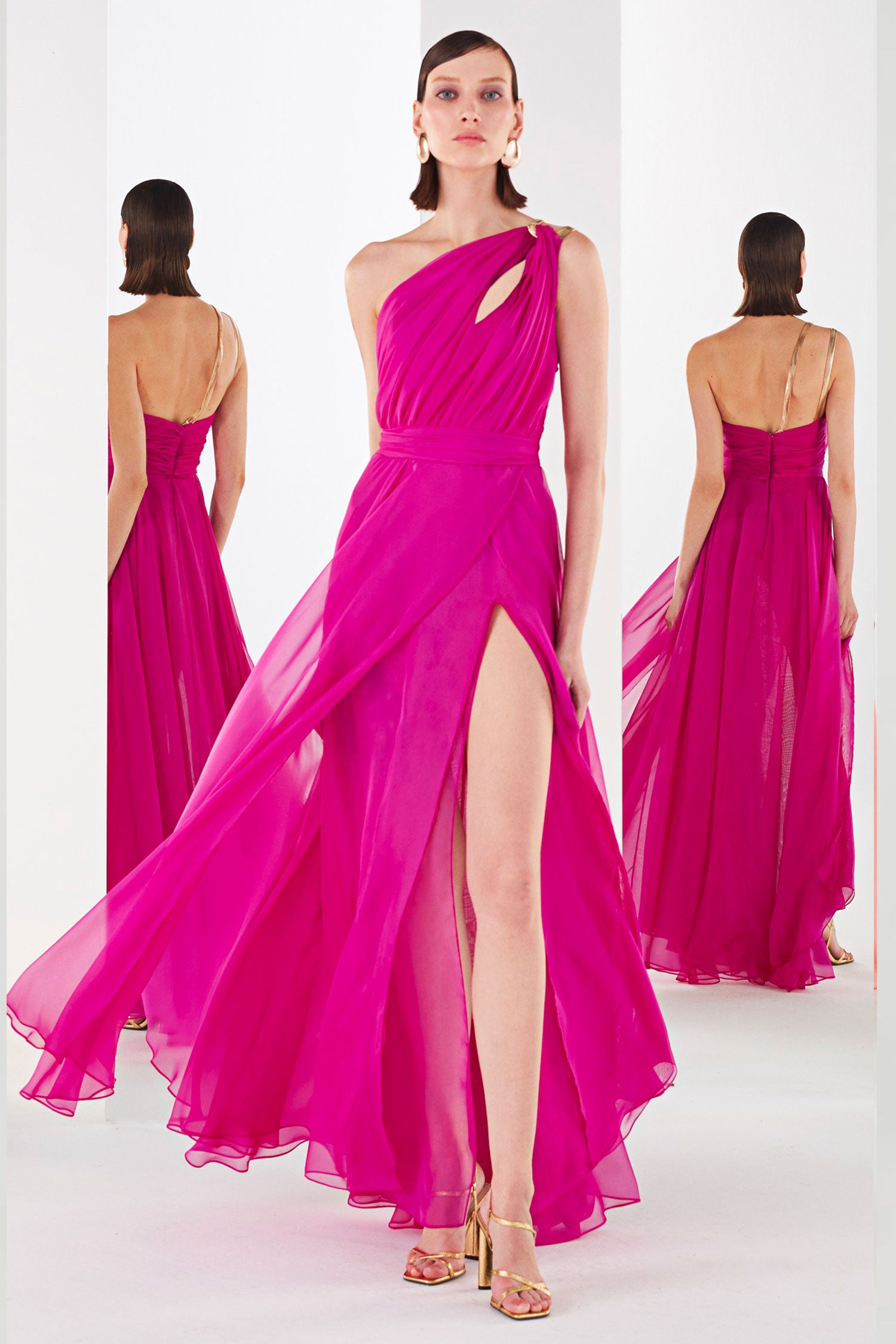 One-Shoulder Asymmetrical Chiffon Dress with Chain Detail