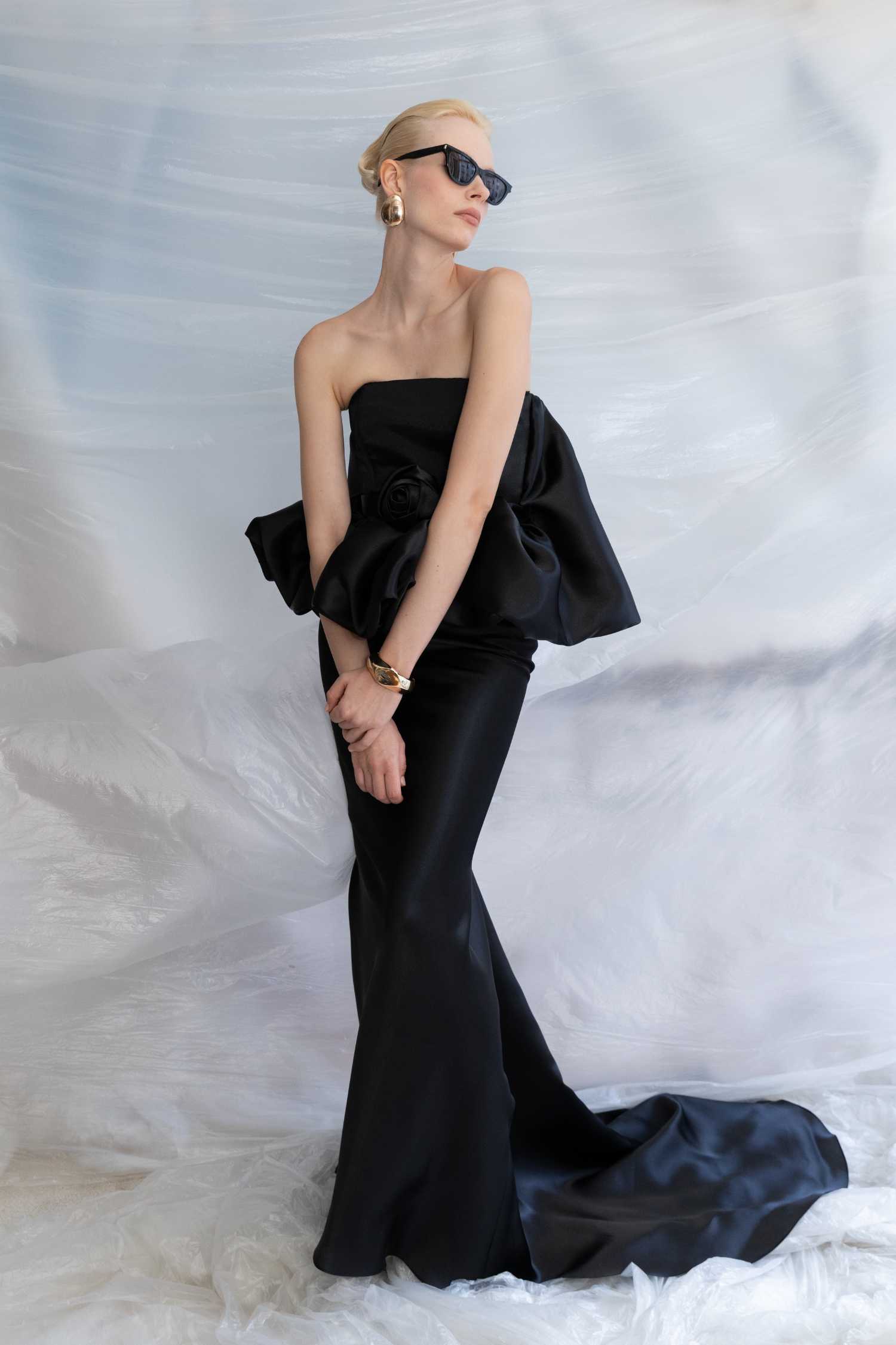 Black Organza Corseted Mermaid Gown with Train