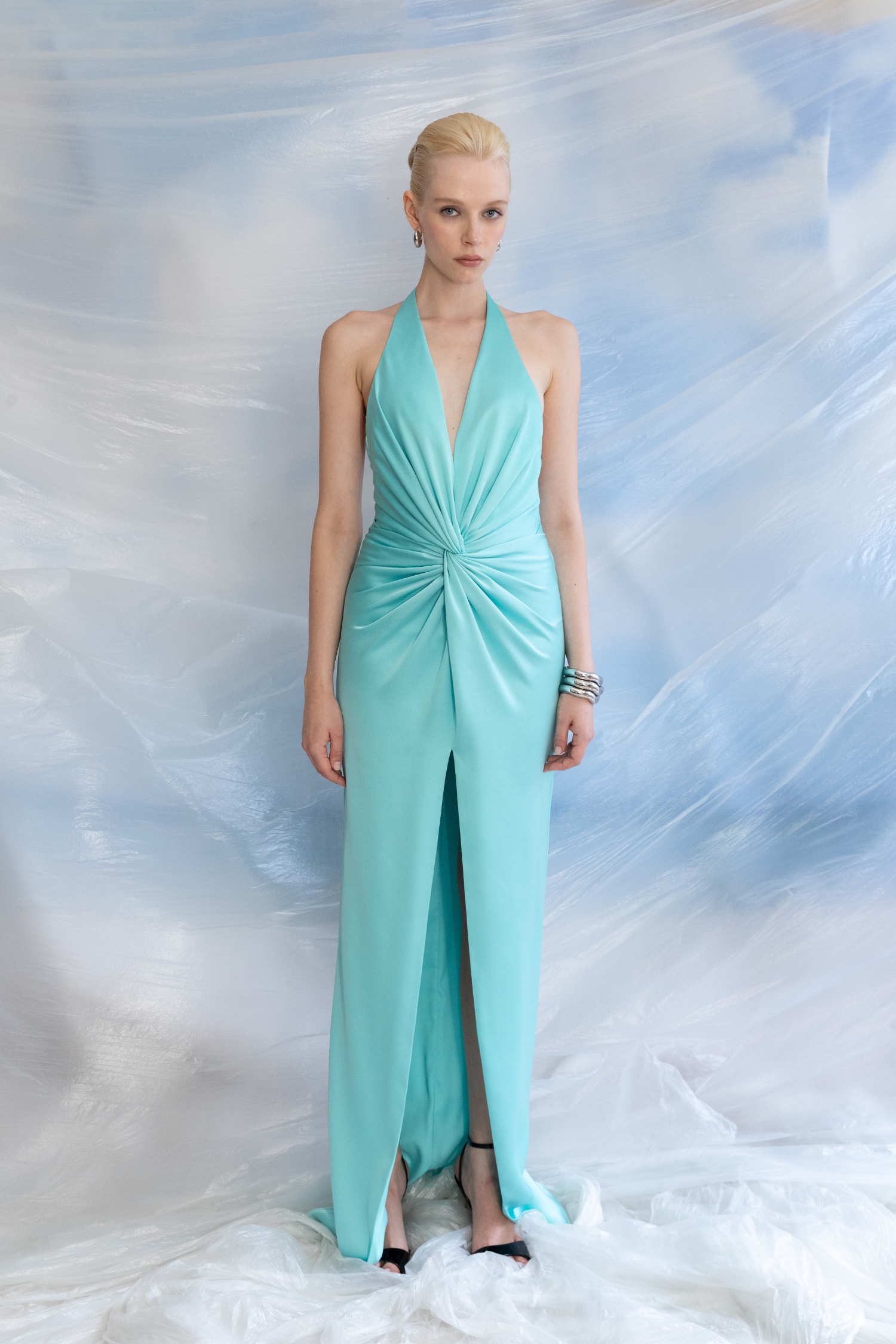 Crepe Gown with Deep V-Neck and Draped Center