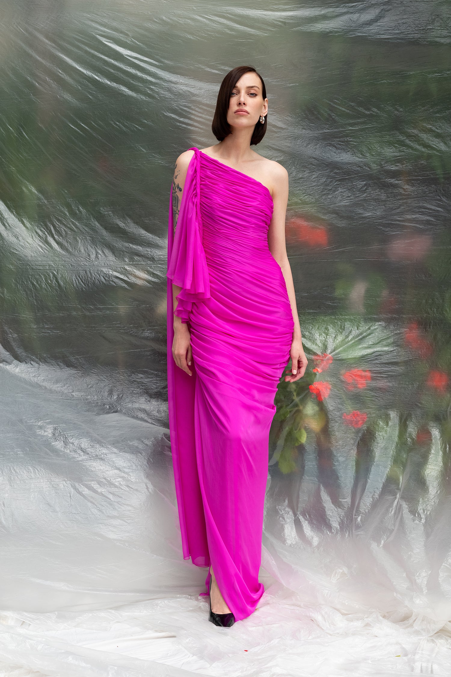 One Shouldered, Draped Chiffon Dress